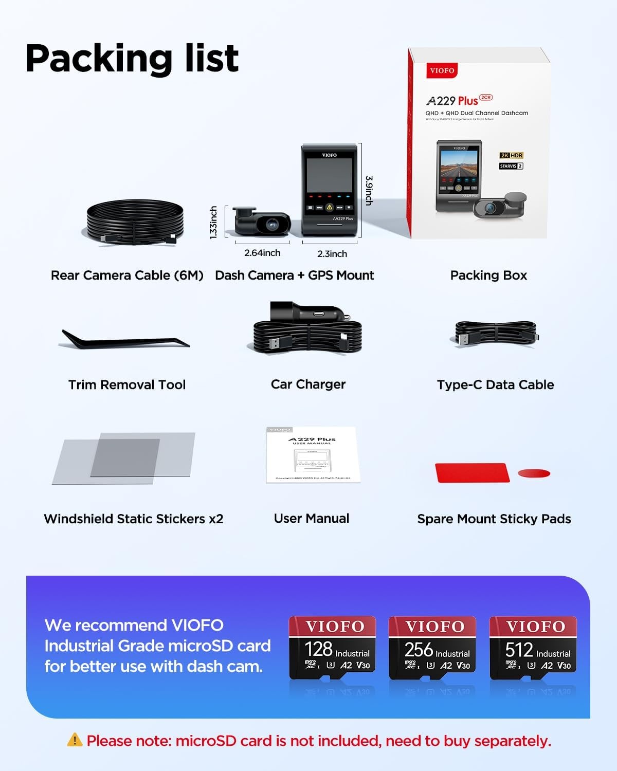 VIOFO A229 plus Dash Cam Front and Rear, 2K Dual STARVIS 2 Sensors & HDR | 1440P