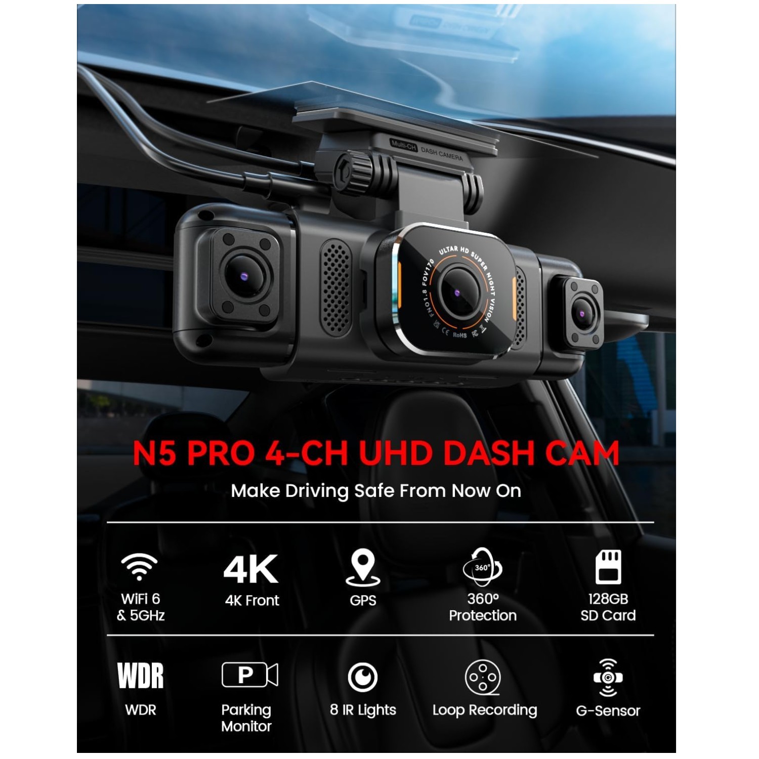 N5 PRO 4-Channel Dash Cam, 360° View, Built-in GPS, 5G WiFi