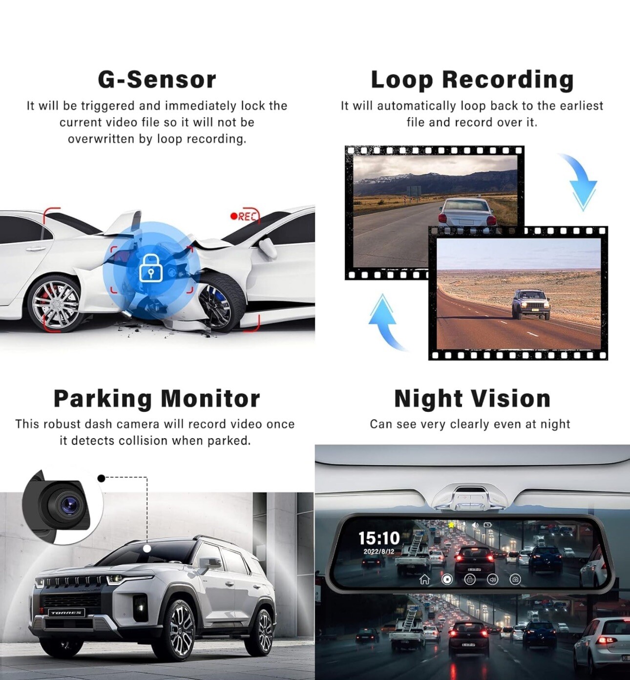 CAMECHO Touch Screen Rearview Mirror Dash Cam 9.66in 1080P Dual Front and Rear