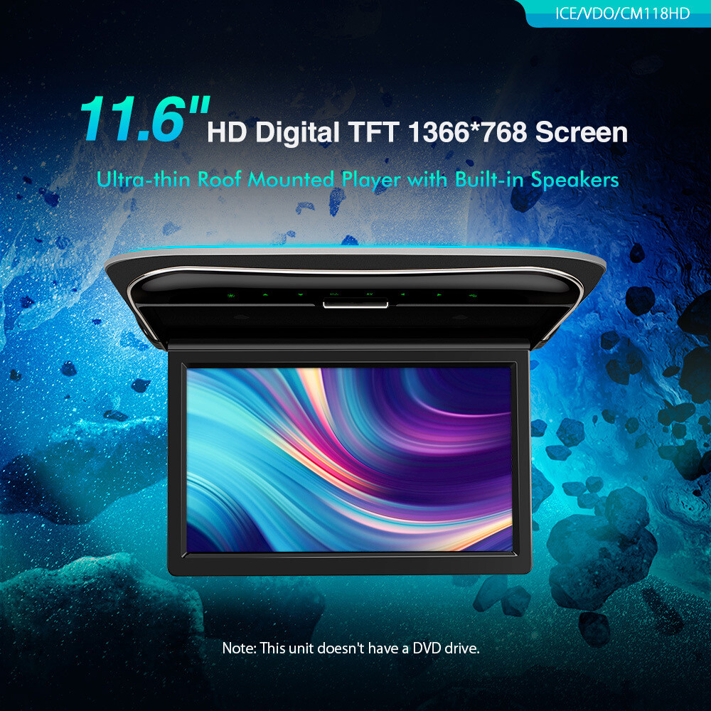 11.6″ HD TFT Car Roof Overhead Monitor 170° Flip Down HDMI USB +Miracast Dongle