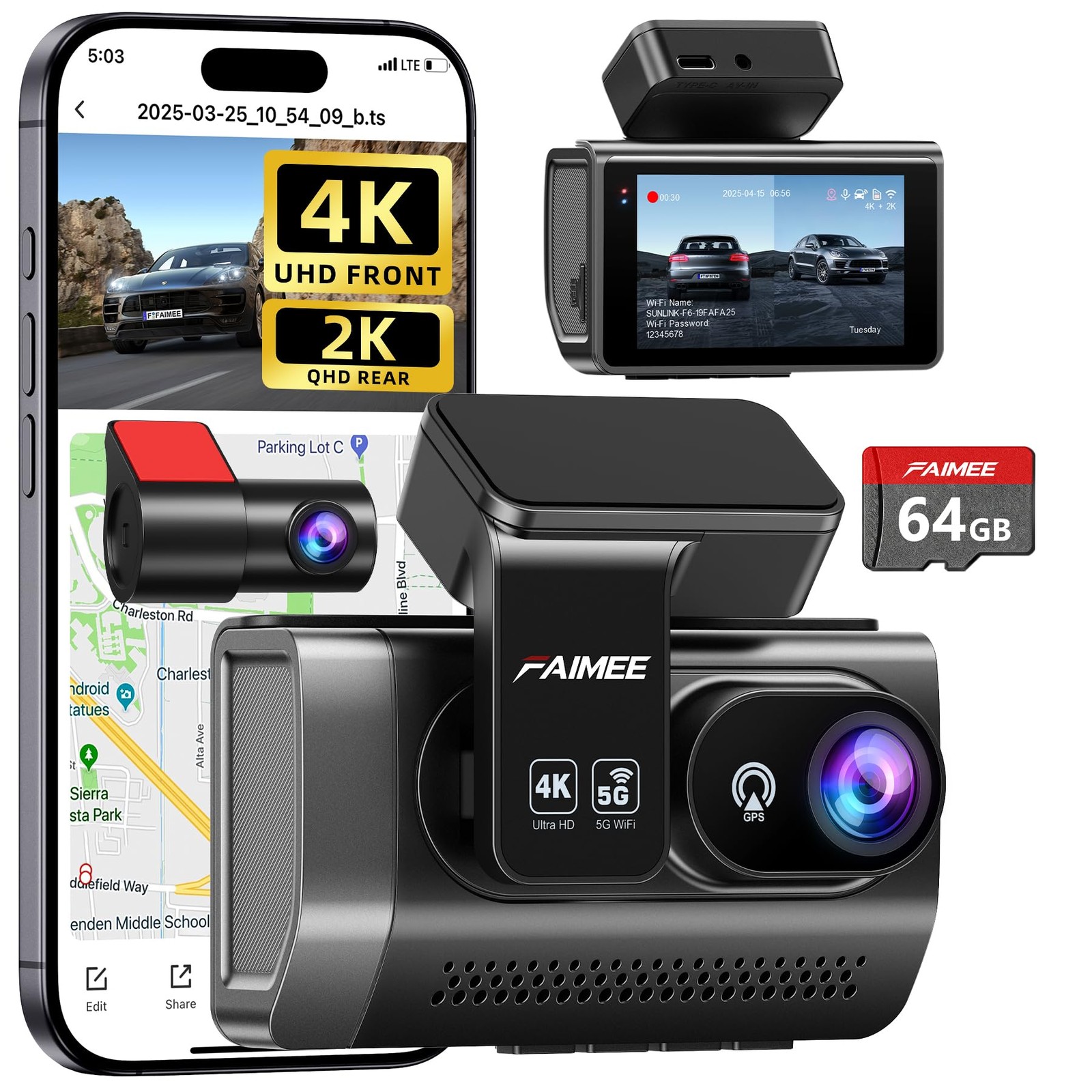 Dash Cam Front and Rear, 4K+2K Recording Dash Camera for Cars, Night Vision w…