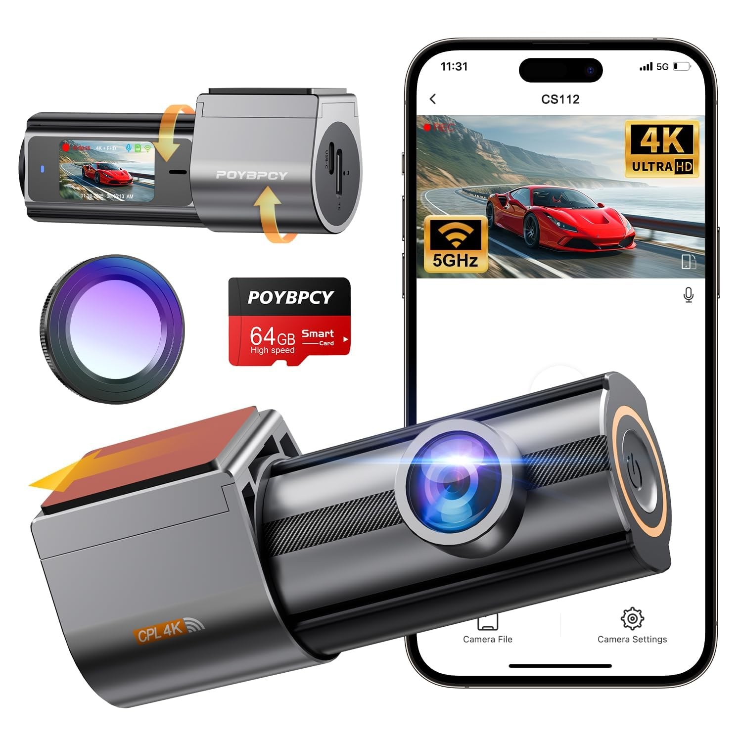 Dash Cam Front 4K, Built-in 5GHz WiFi with CPL, Car Camera Dashcam with UHD 2…