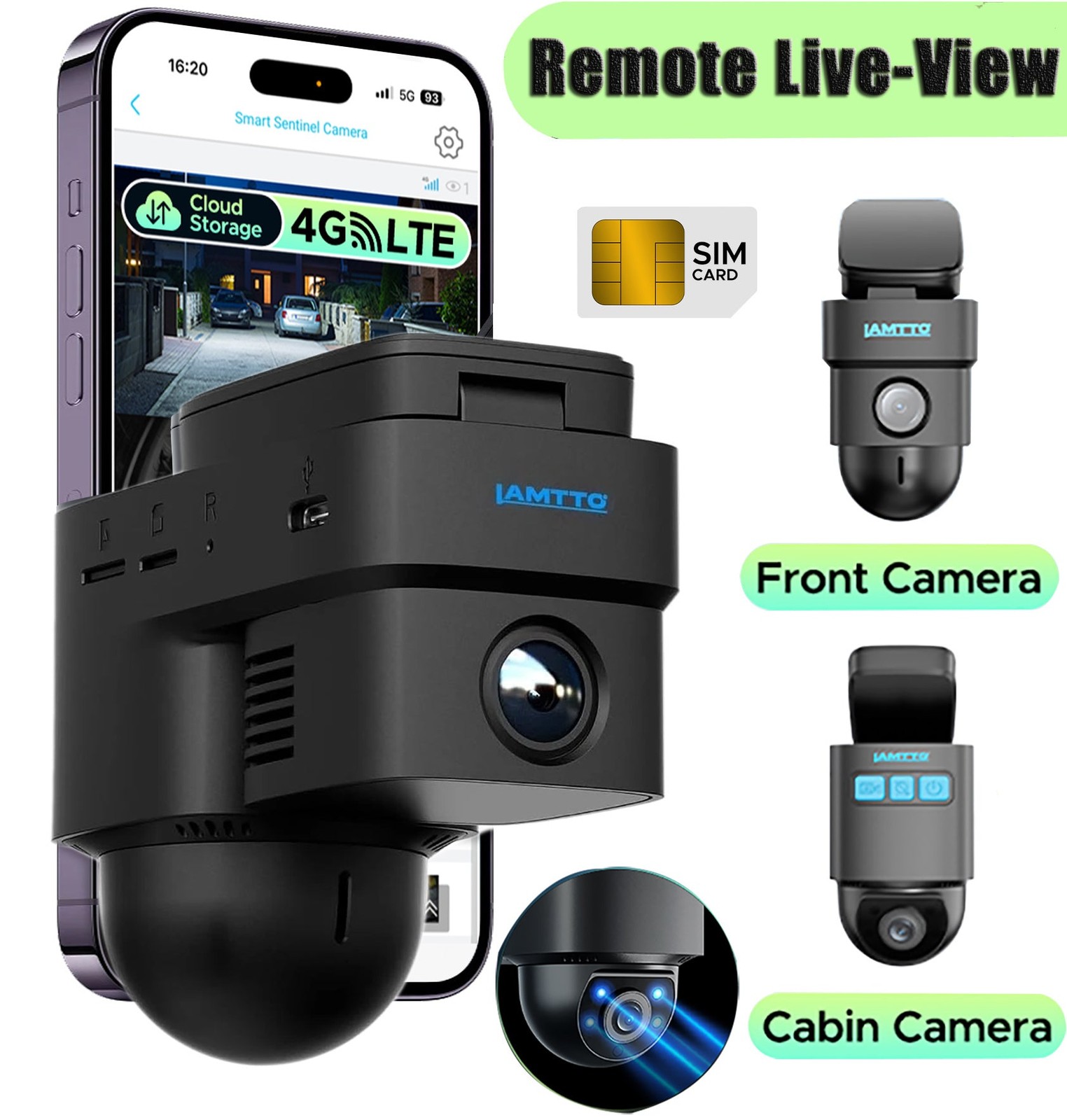 LAMTTO 4G LTE Dual Dash Cam 1080P Front &Inside Remote Live View Parking Monitor