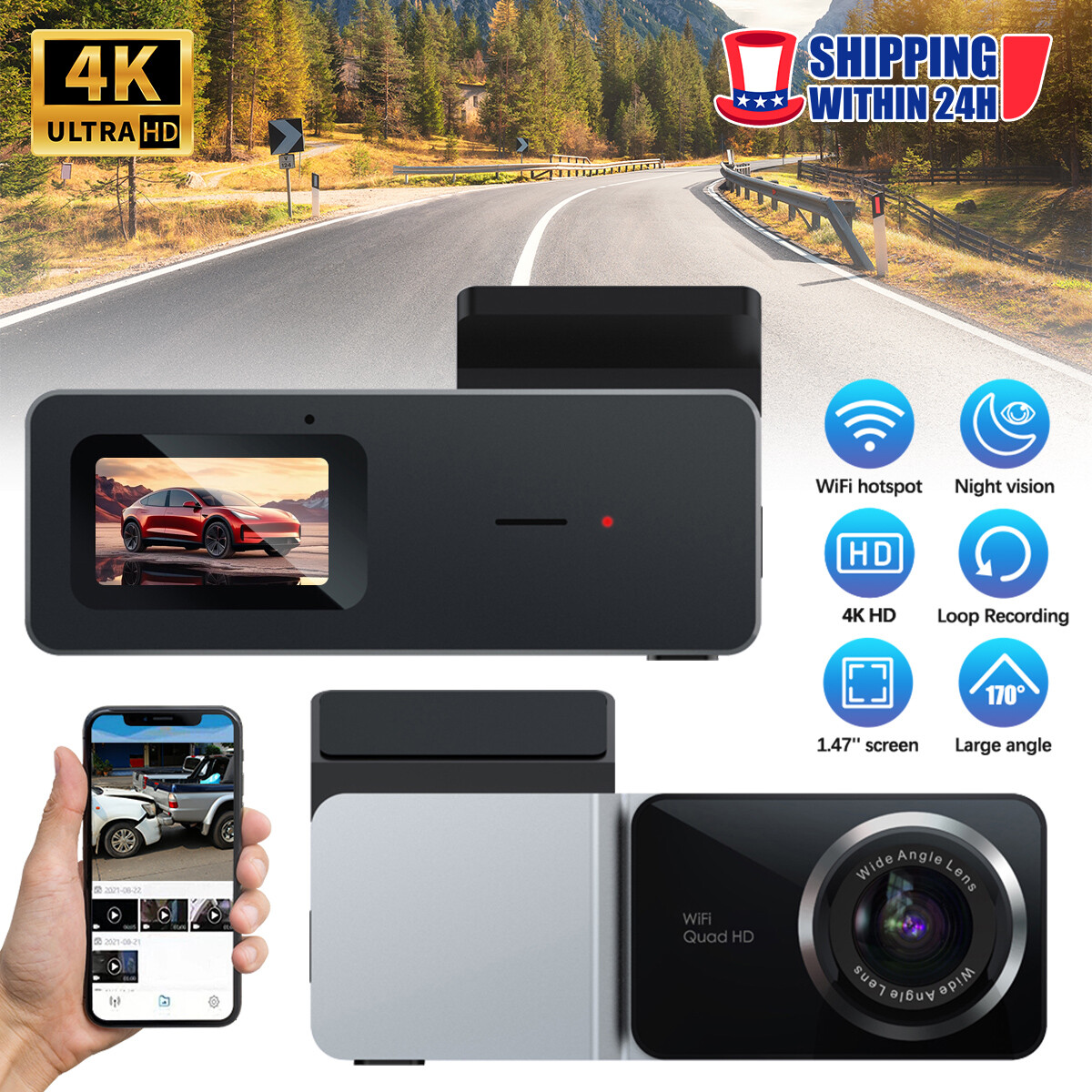 4K HD resolution driving recorder With night vision 170 degrees 128G GPS locator