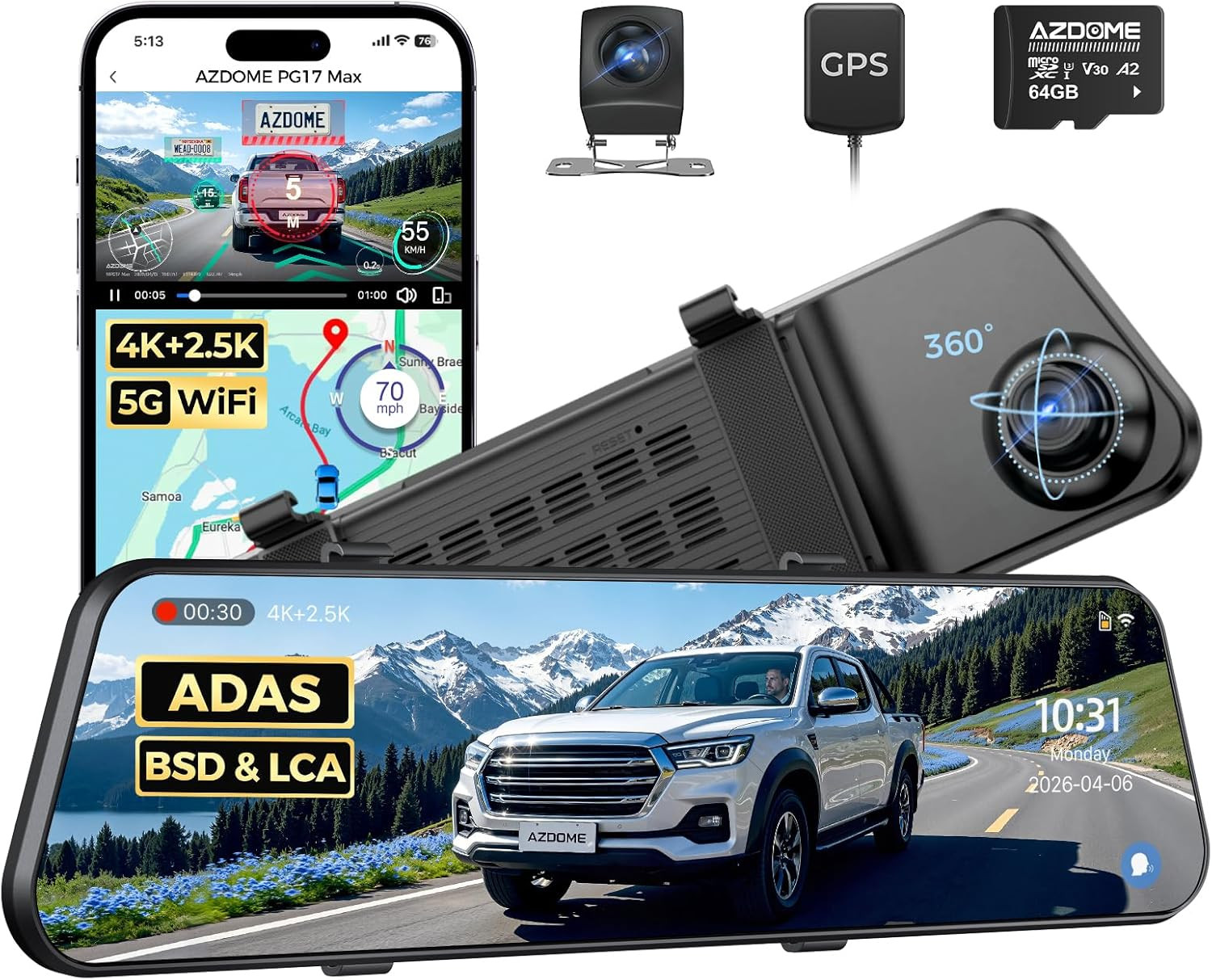 PG17 Max 4K+2.5K Mirror Dash Cam, 12″ Front and Rear Camera with Night Vision AR