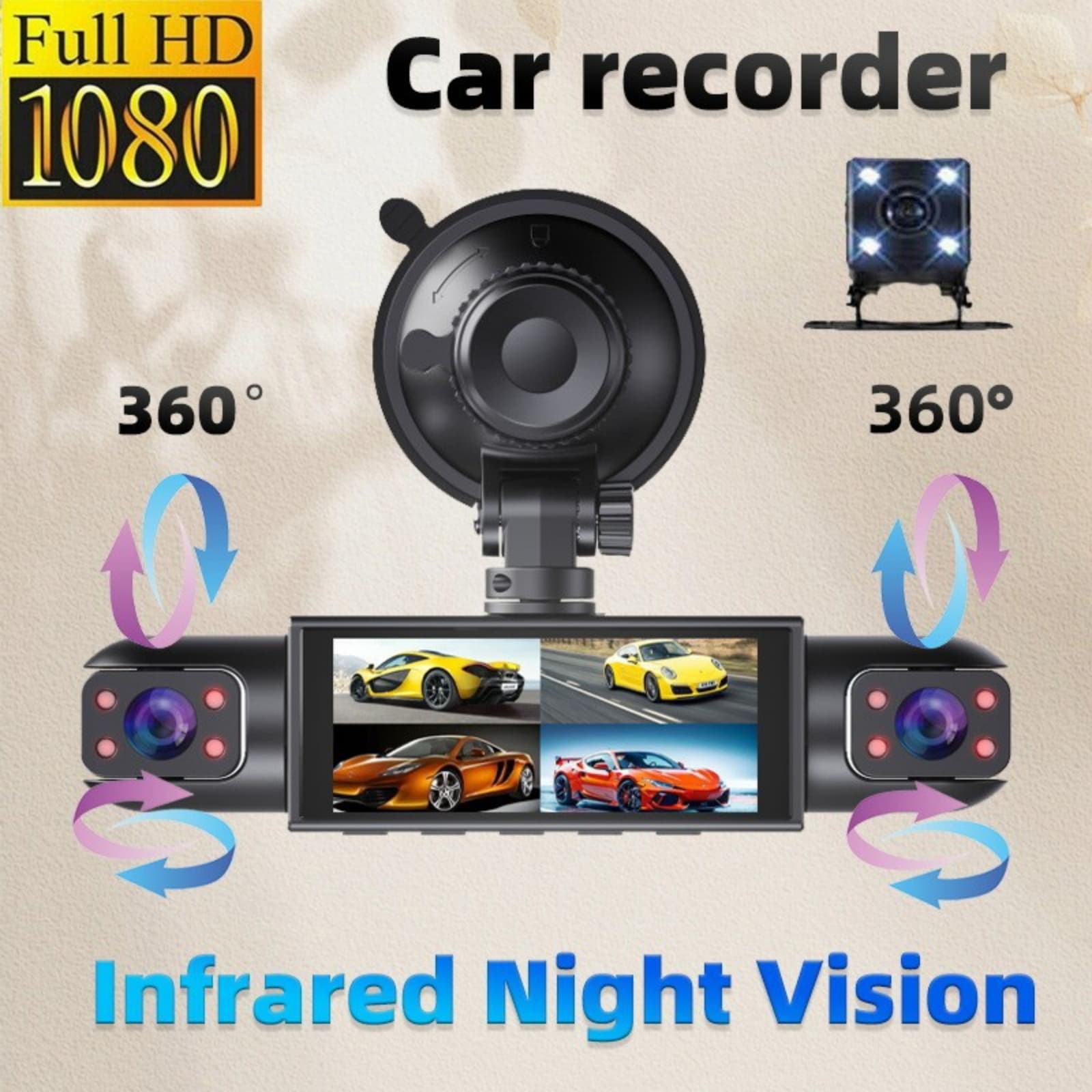 1080P 4 Way Dash Cam Front Rear Cabin Side View Camera 64GB Card 170 Degree Lens