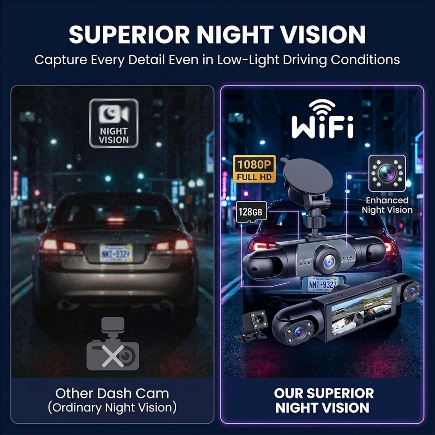 4-Channel Dash Cam 1080P WiFi App Control 64GB Card Night Vision Parking Mode