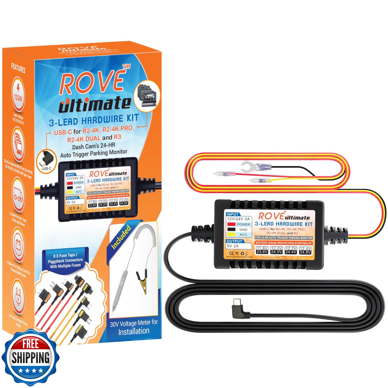 ROVE Ultimate Dash Cam Hardwire Kit with USB-C Port for R2-4K, R2-4K PRO, R2-