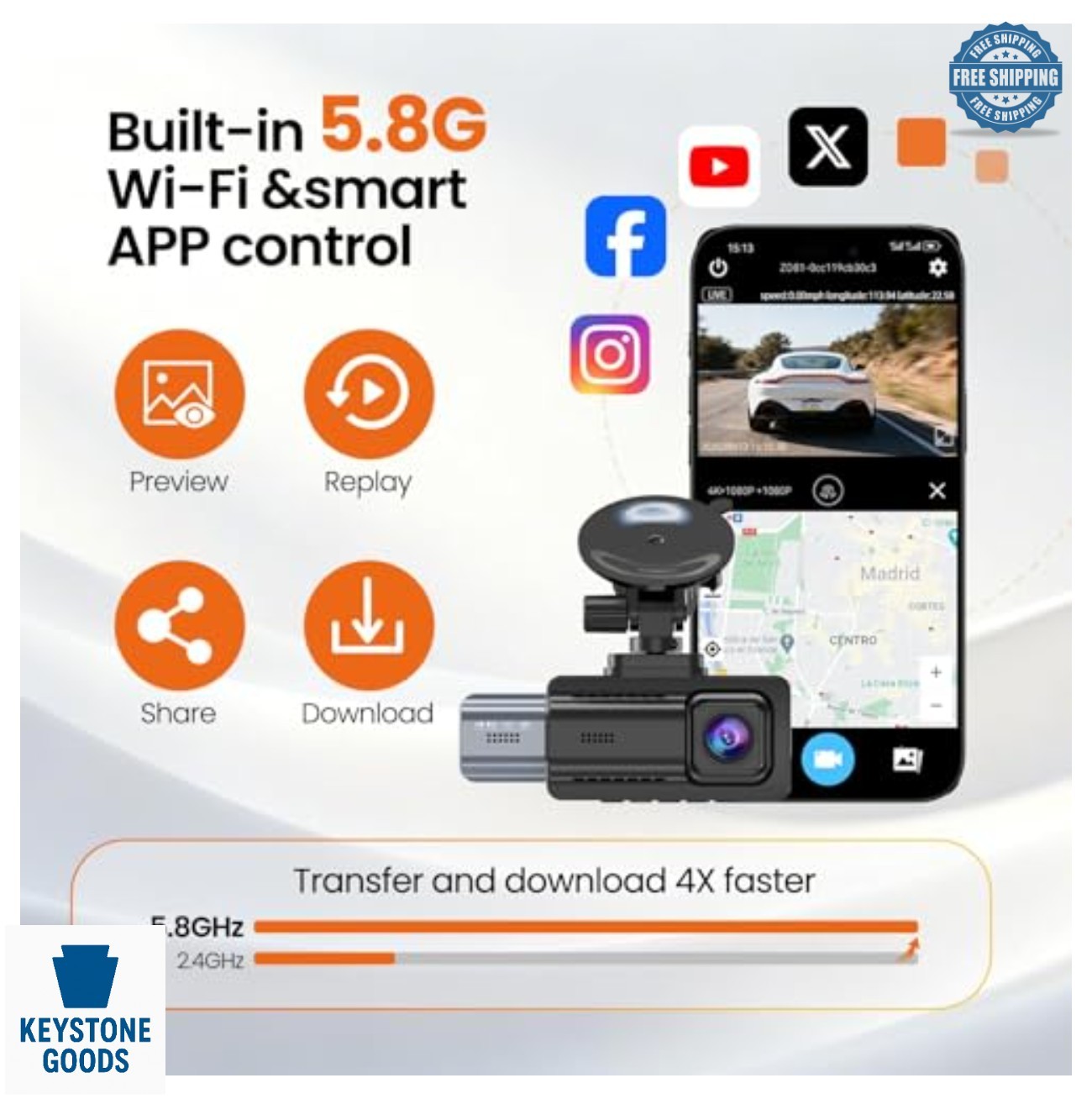 Dash Cam 4K Front 1080P Rear Cabin 3 Channel WiFi 6 GPS 128GB Card Parking Mode