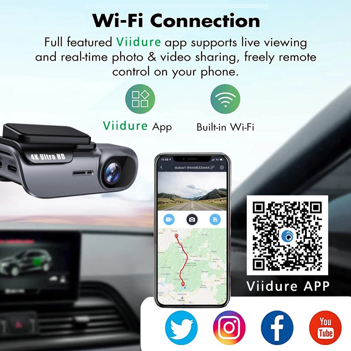 4K Dash Cam Front Dash Camera WIFI Parking Mode G-sensor DVR 32GB Card Hardwire