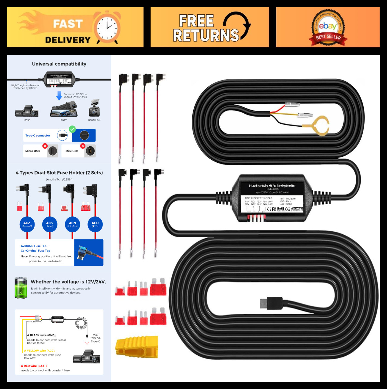 3-Lead Hardwire Kit Type-C USB for Dash Cam, 12ft with Fuse, 5V/2.5A, 24H Parkin