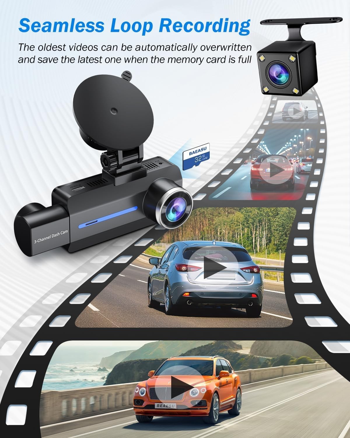 Car Dash Cam Front Rear Inside 2.5K 1440P Night Vision Loop Recording