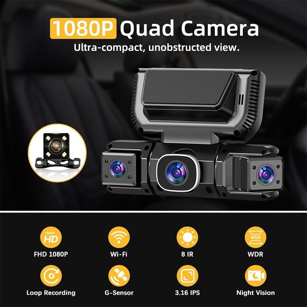 Dash Cam 4 Channel 360° Front Rear Inside DashCam, FHD 1080P Car Camera