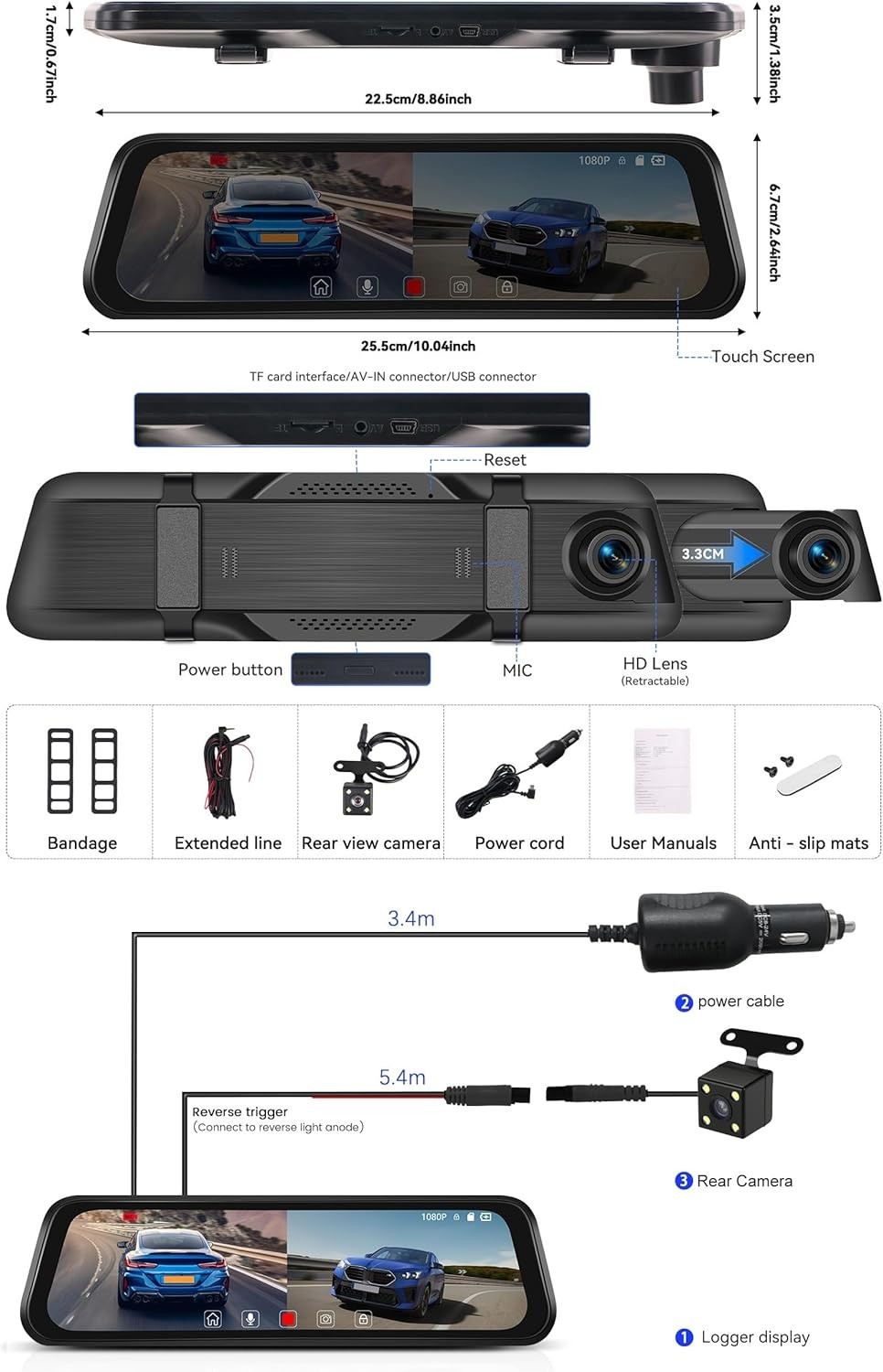 Advanced 9.66″ Touch Screen Dash Camera with Loop Recording & Wide Angle View