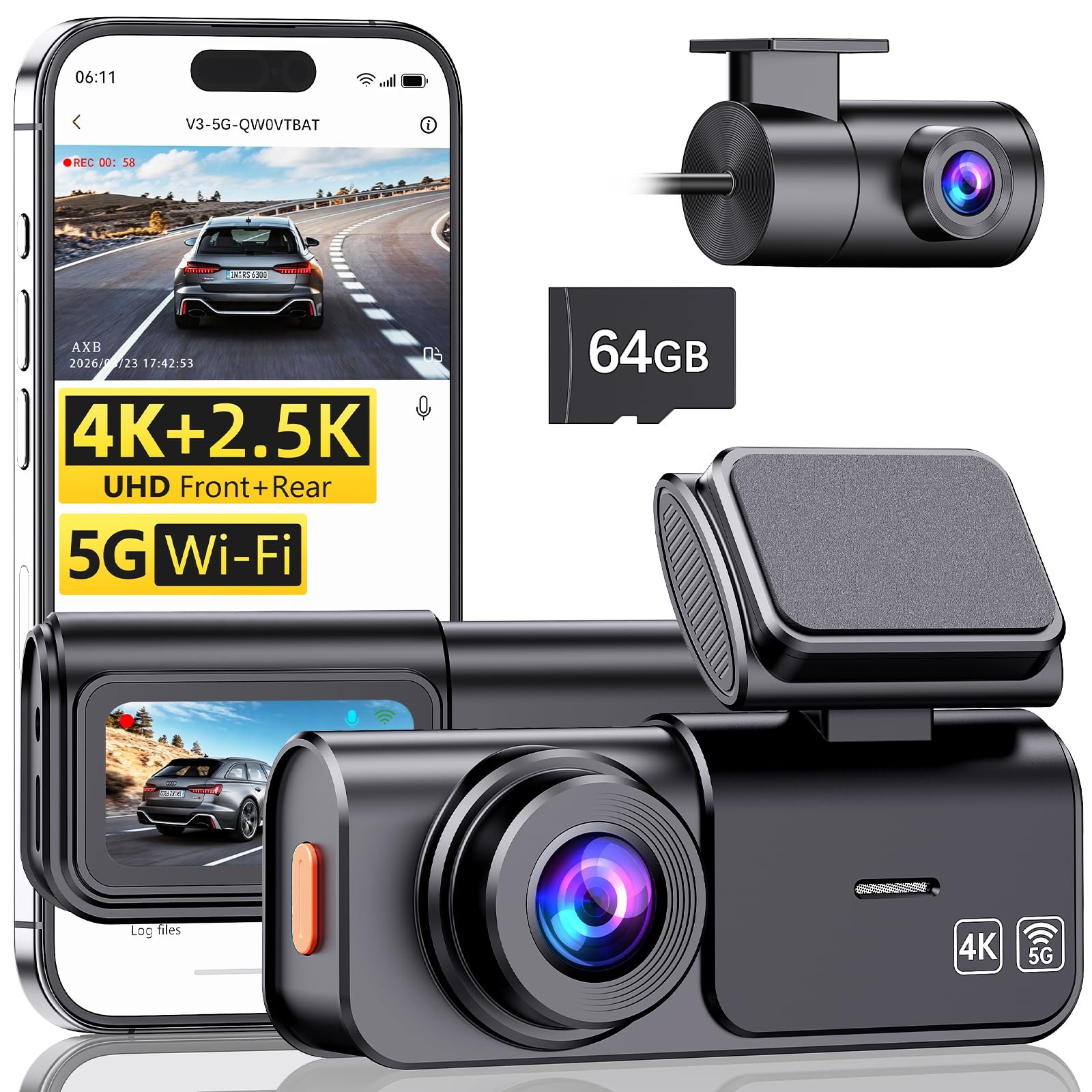 Dash Cam Front and Rear: 4K+2.5K Dashcam with 5G WiFi APP Control & 64GB Card…