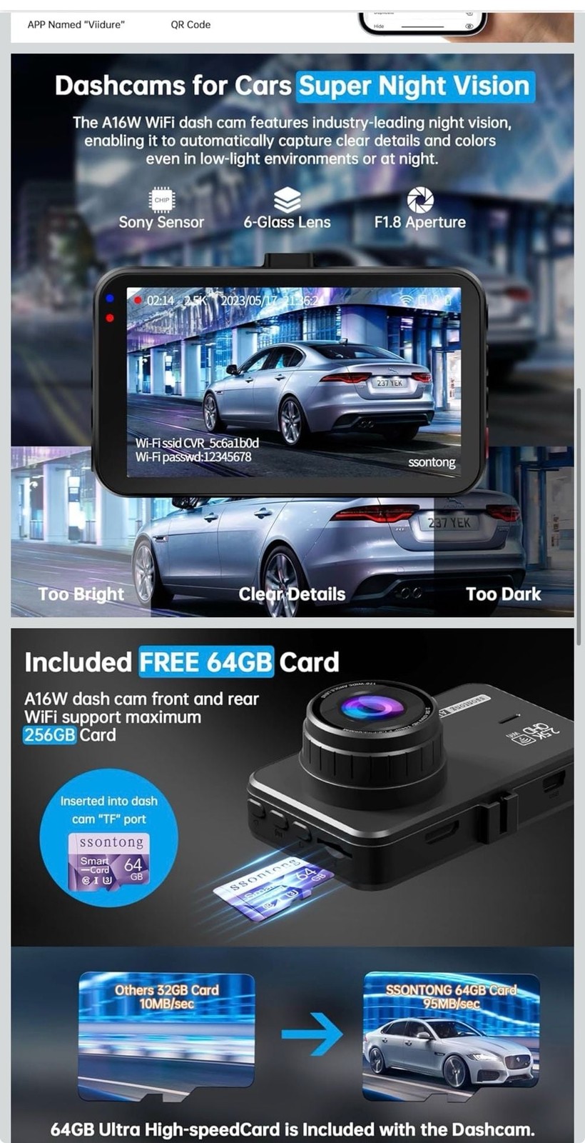 ssontong A16W 2.5K QHD WiFi Dash Cam Front and Rear with 64GB Card