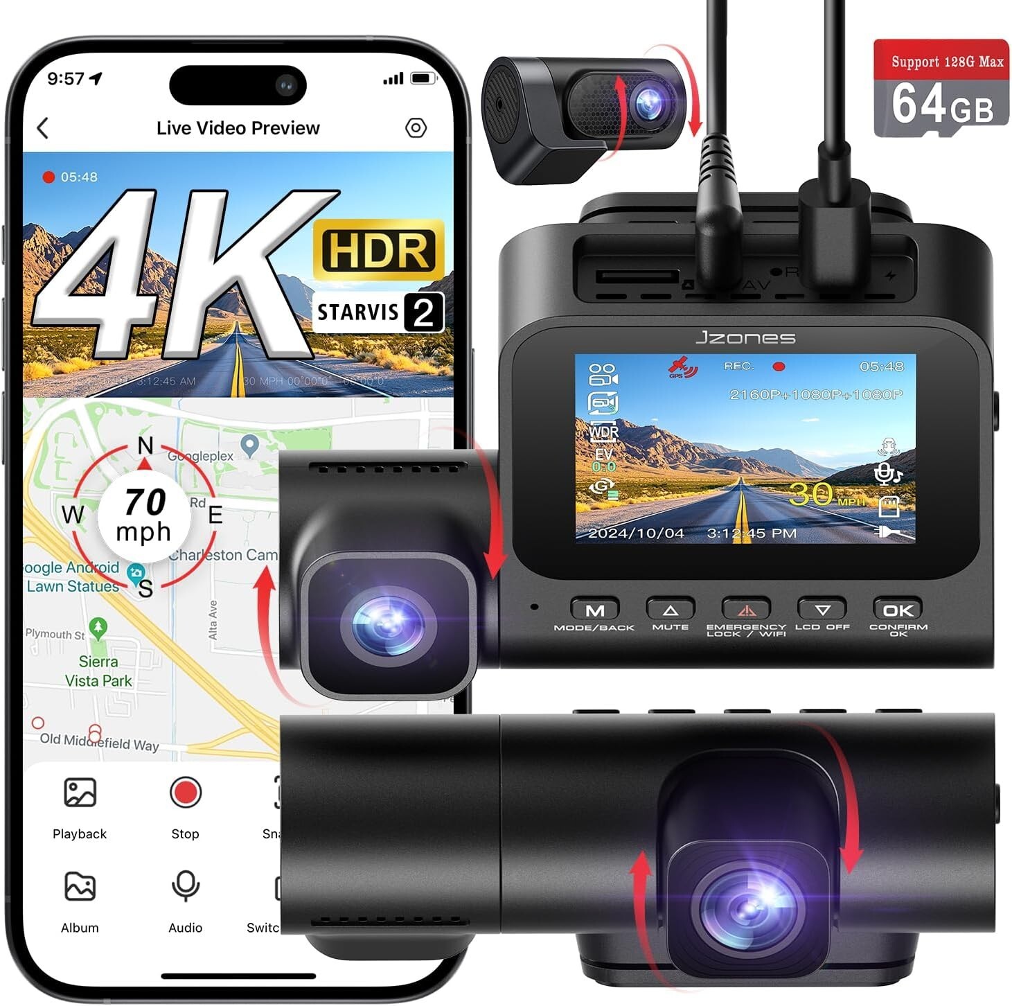 HDR Night Vision 3 Channel 4K Dash Camera with GPS, APP, 64GB Card