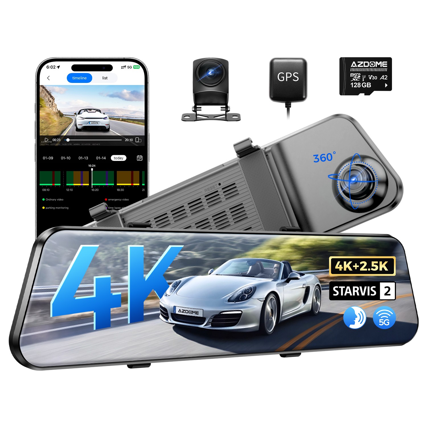 AZDOME 2CH 4K+2.5K Mirror Dash Cam IMX678 STARVIS 2 5.8G WiFi GPS HDR 128GB Card