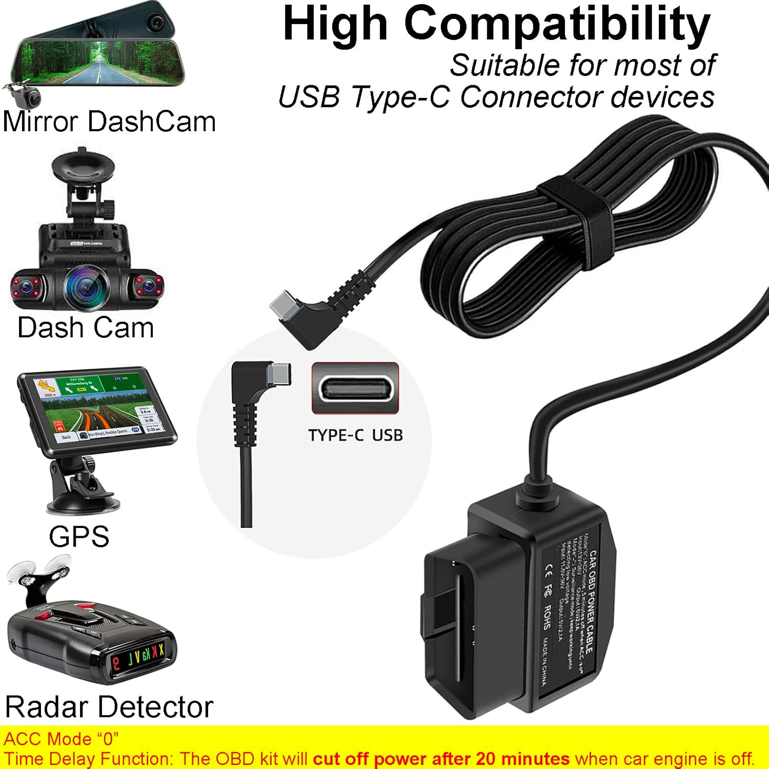 Dash Cam OBD Hardwire Kit, Dash Camera USB Type C Hardwire Kit with OBD2 Power C