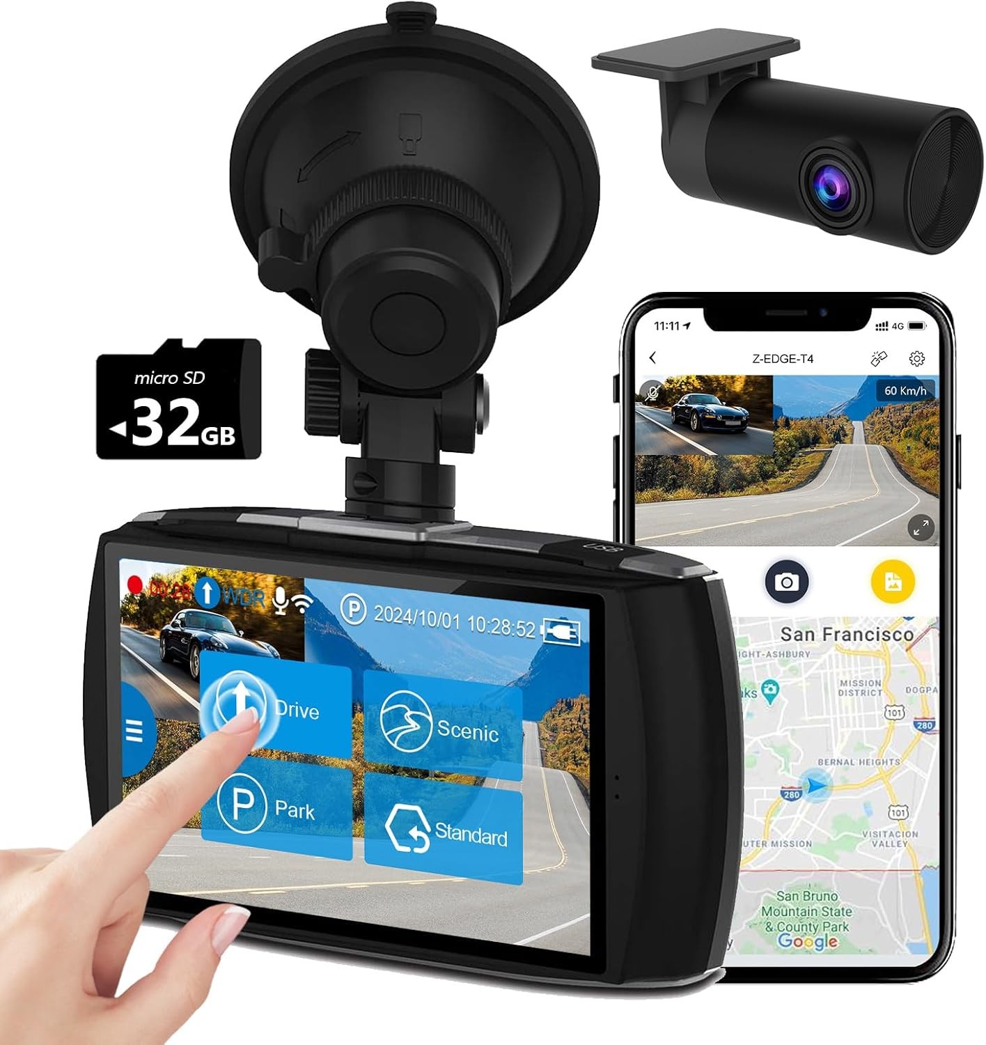 Z-Edge T4 Dash Cam Front and Rear, 4K Dual Dash cam, 2K+1080P Front and Rear, To