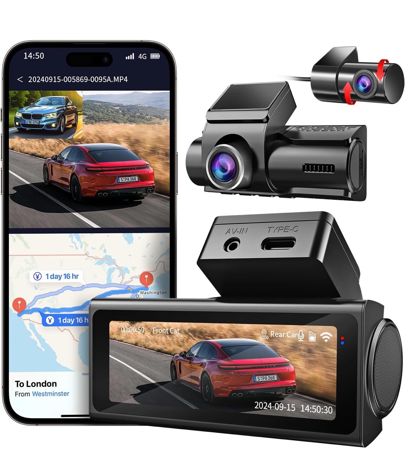 4K Dash Cam Front Rear 2160P UHD Wi-Fi GPS Free 64GB Card Night Vision 3.2” IPS