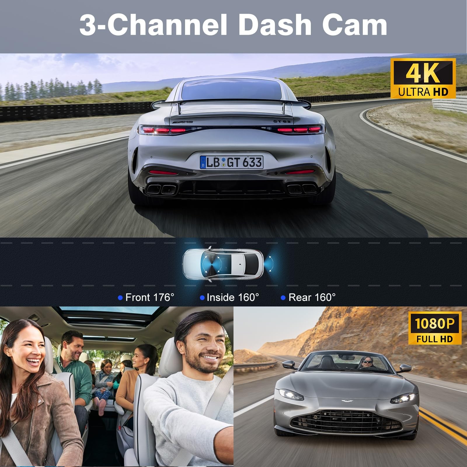 4K+1080P+1080P 5.8GHz WiFi Dash Cam Front and Rear Inside, Free 64G SD Card, …