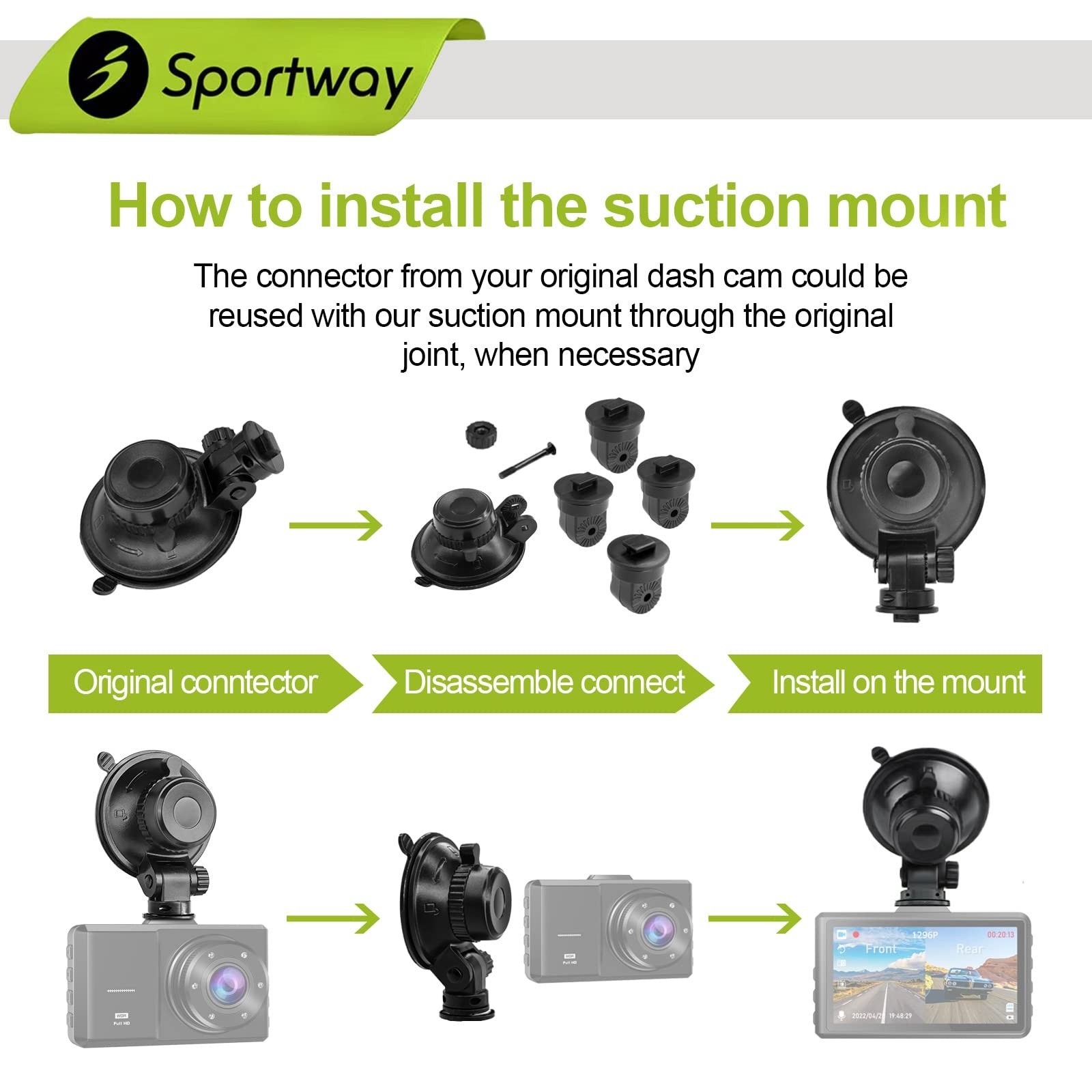 Suction Cup Dash Cam Mount with 360° Rotating Joints for Most Car Cameras