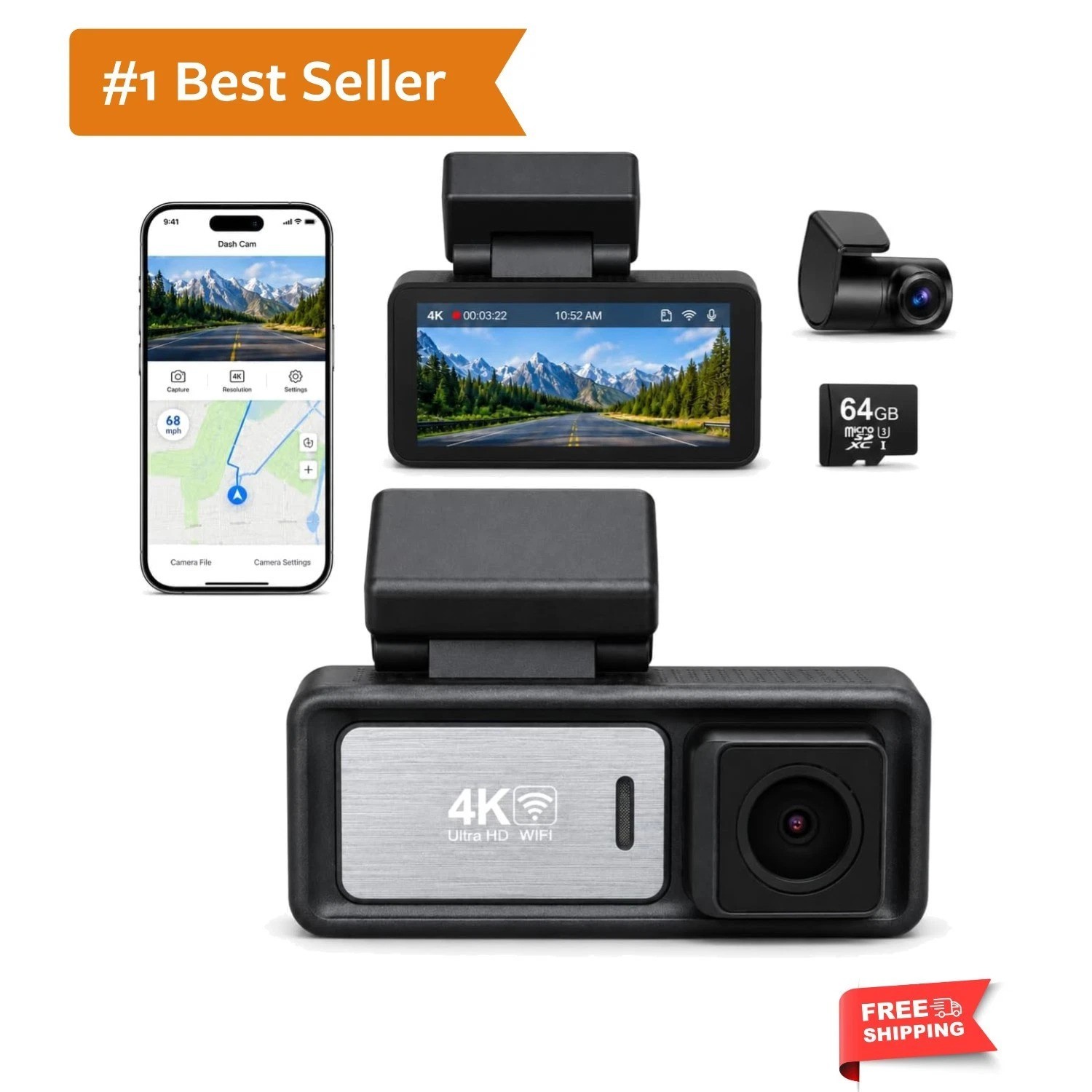 4K Dual Dash Cam Front and Rear — UHD 2160P & 1080P Car Camera with WiFi, 60F…