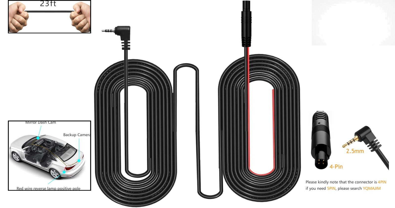 Ultra Long 23 Ft 4 Pin Dash Cam Cable with Reverse Trigger for SUVs & Trucks