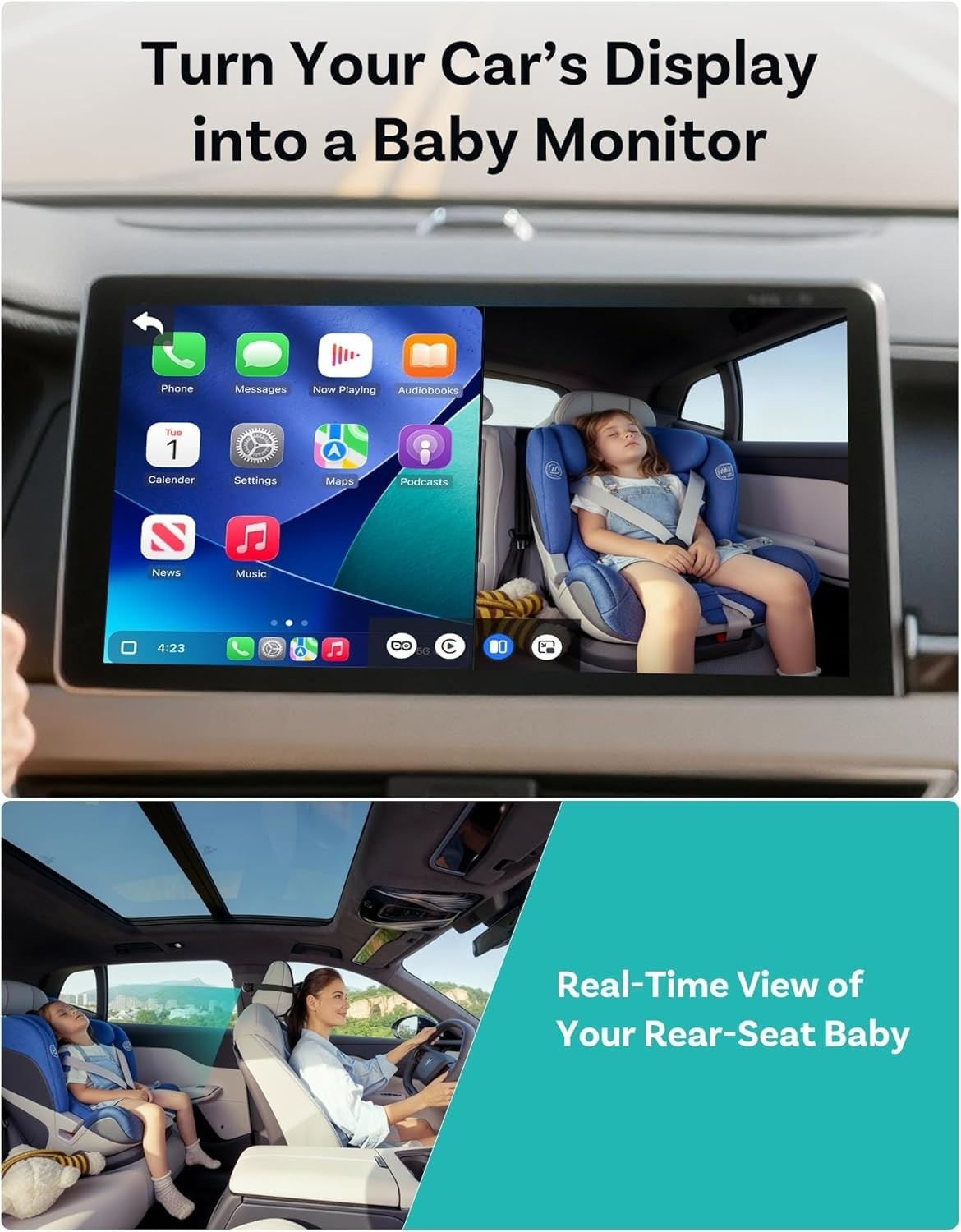Baby Car Monitor Camera Wireless for CarPlay, HD Night Vision 150° Wide Angle