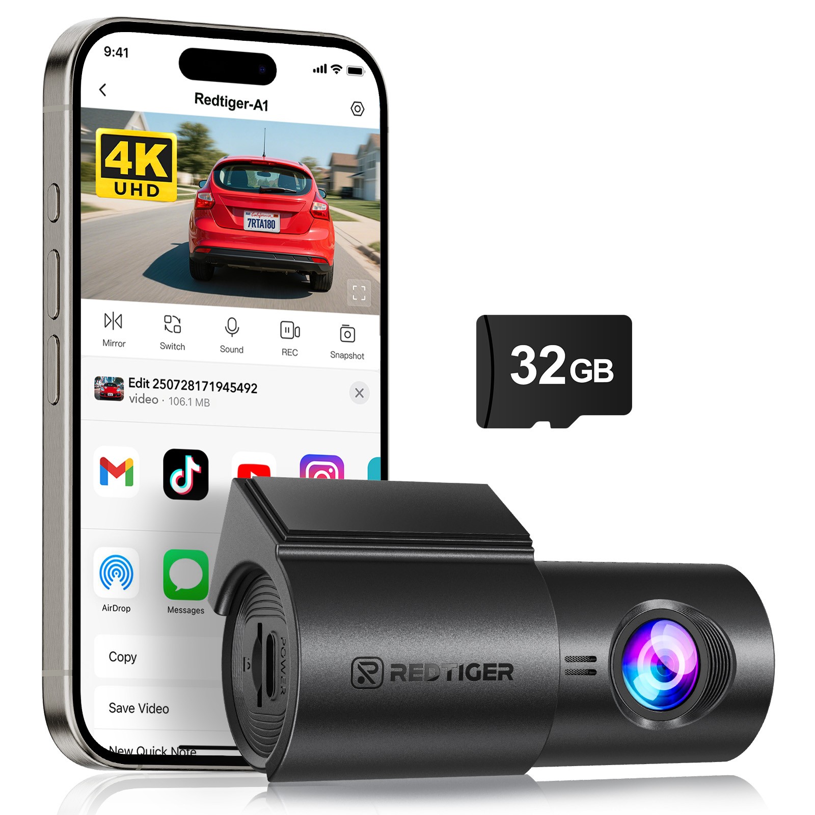 REDTIGER A1 32GB SD 4K Dash Cam with WiFi & APP Control