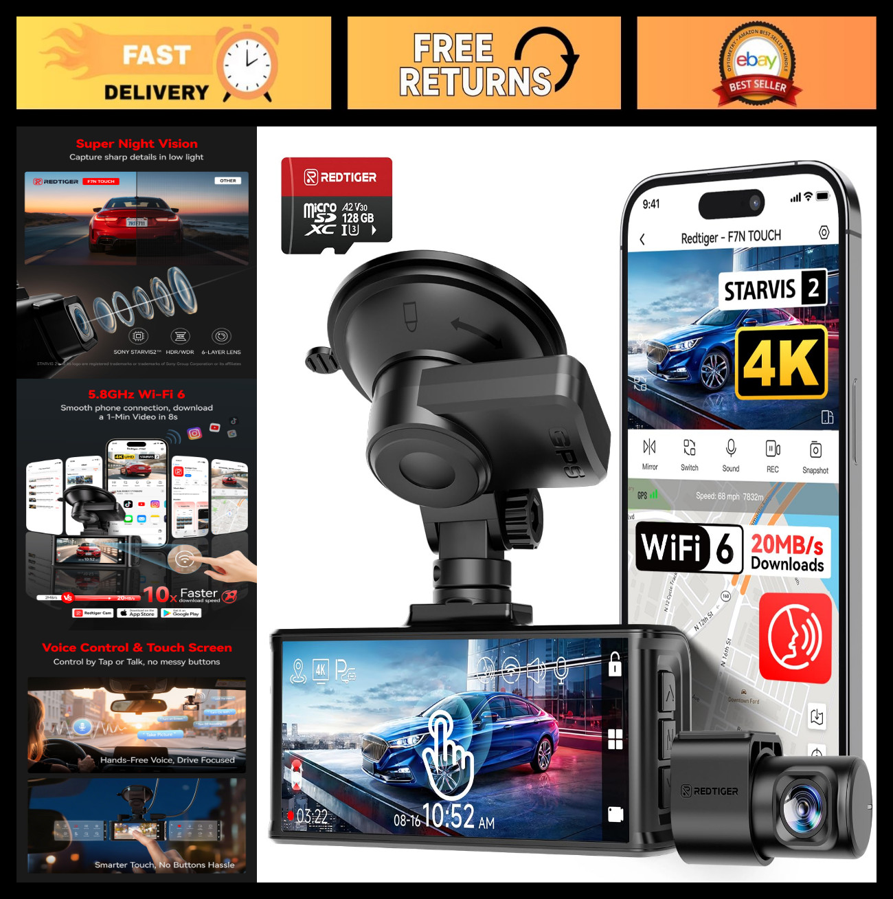 4K Dash Cam Front & Rear, 5GHz WiFi, 128GB Card, Voice Control, GPS, Touch Scree