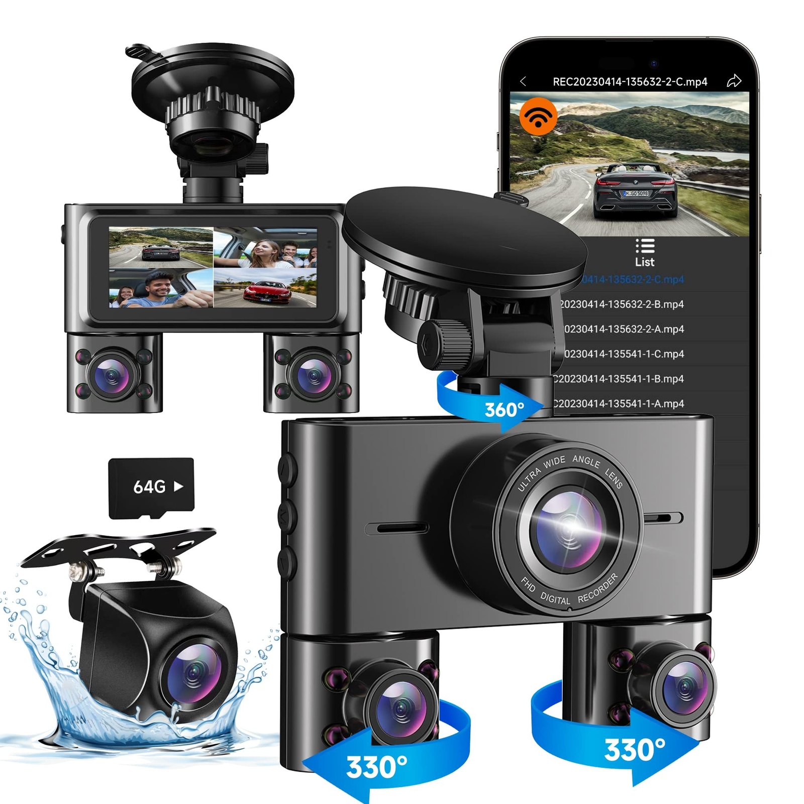 360 Dash Cam Front and Rear Inside, 4 Channel Dash Camera for Cars FHD 1080Px…
