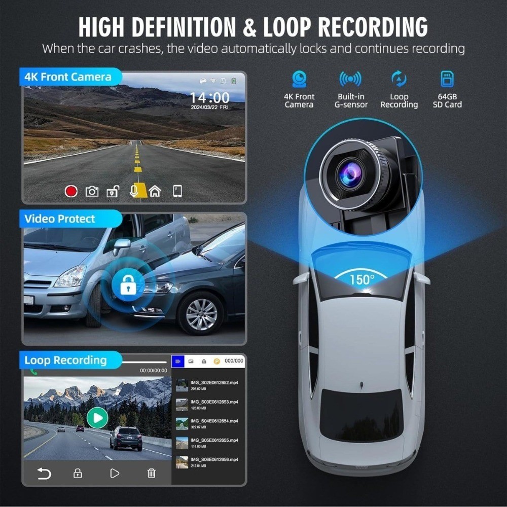 9″ Touch Screen Carplay Android Auto 4K Dash Cam with 1080P Backup Camera DVR