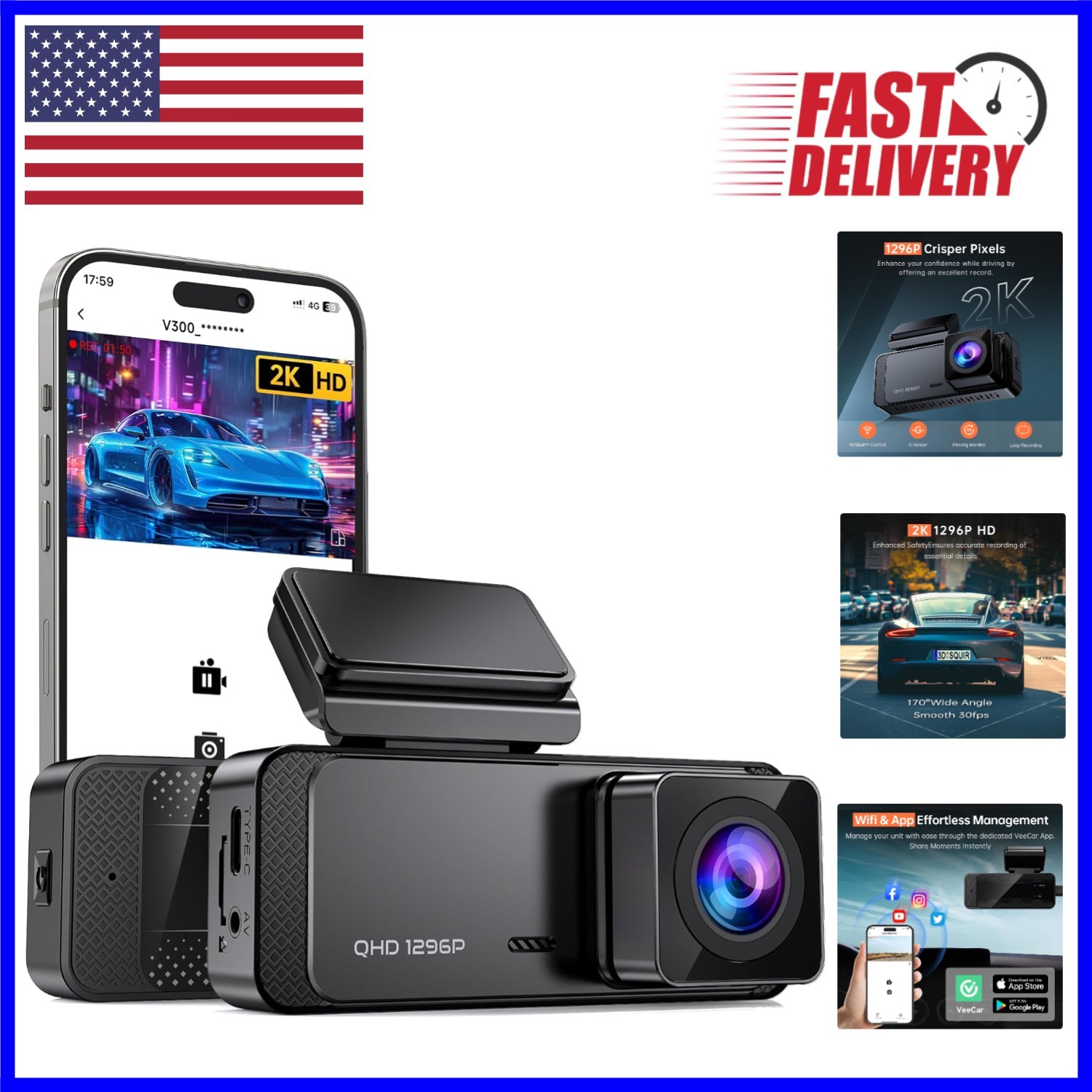 V300 1296P Front Dash Camera with Night Vision & 256GB Support for Safe Driving