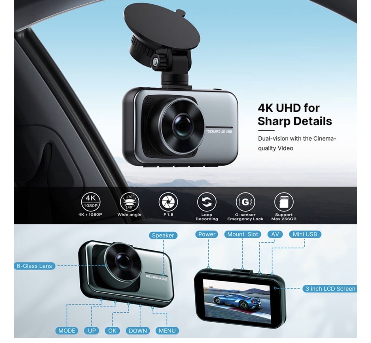 TOGUARD C200 4K Night Vision Front and Rear Dash Camera