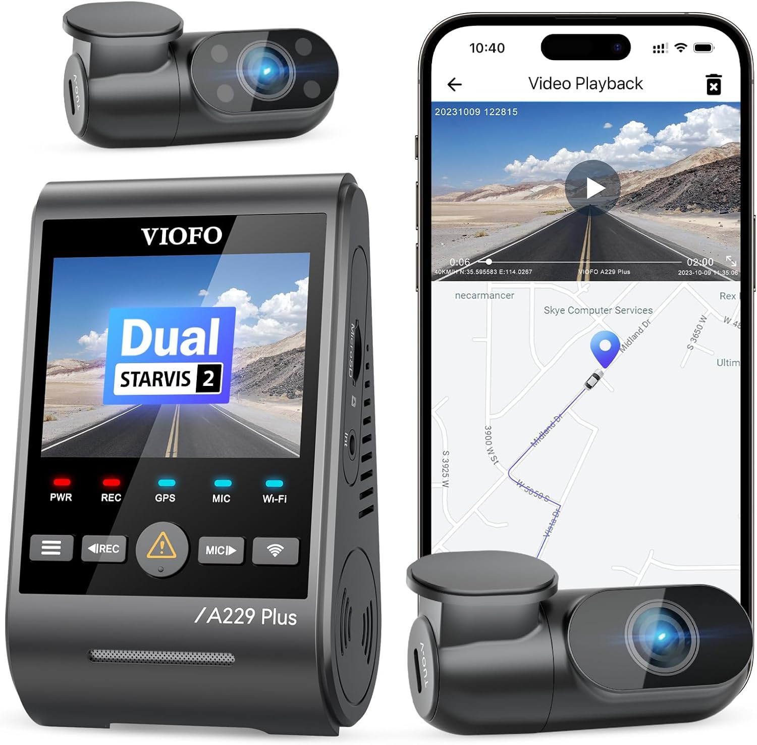 A229 plus 3 Channel Dash Cam, Dual STARVIS 2 Sensors, 3-Channel HDR, 1440P+1440P