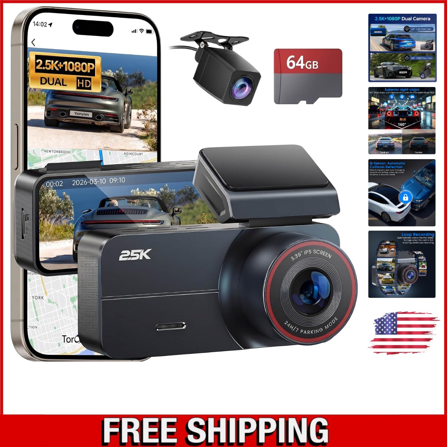 Wireless 2.5K Dash Cam with GPS, Night Vision, & 160° Wide Angle – Easy Install