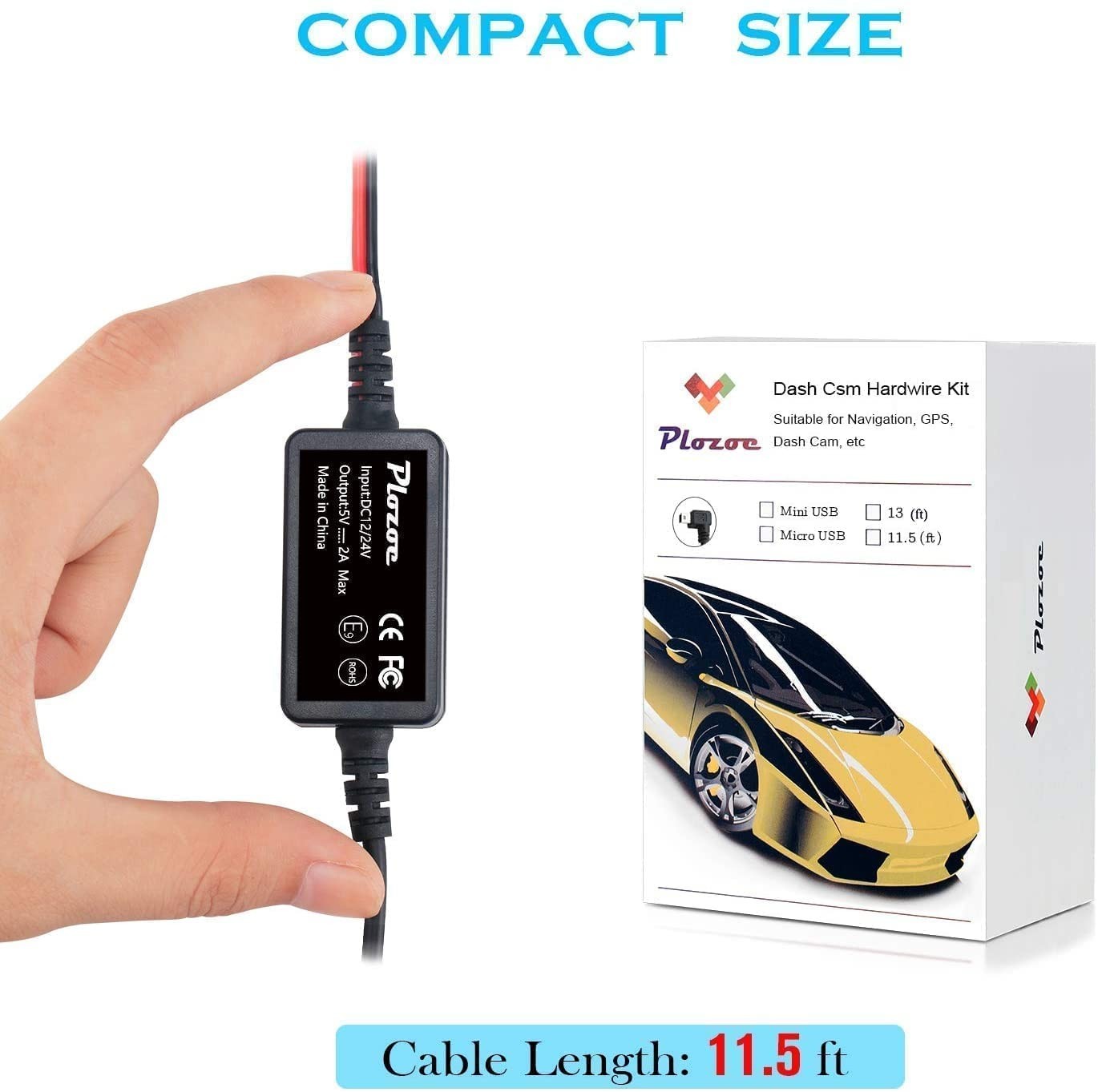 Hardwire Dash Cam Kit – USB C 12V-24V to 5V Charger Power Cord, 11.5ft, Fuse Tap