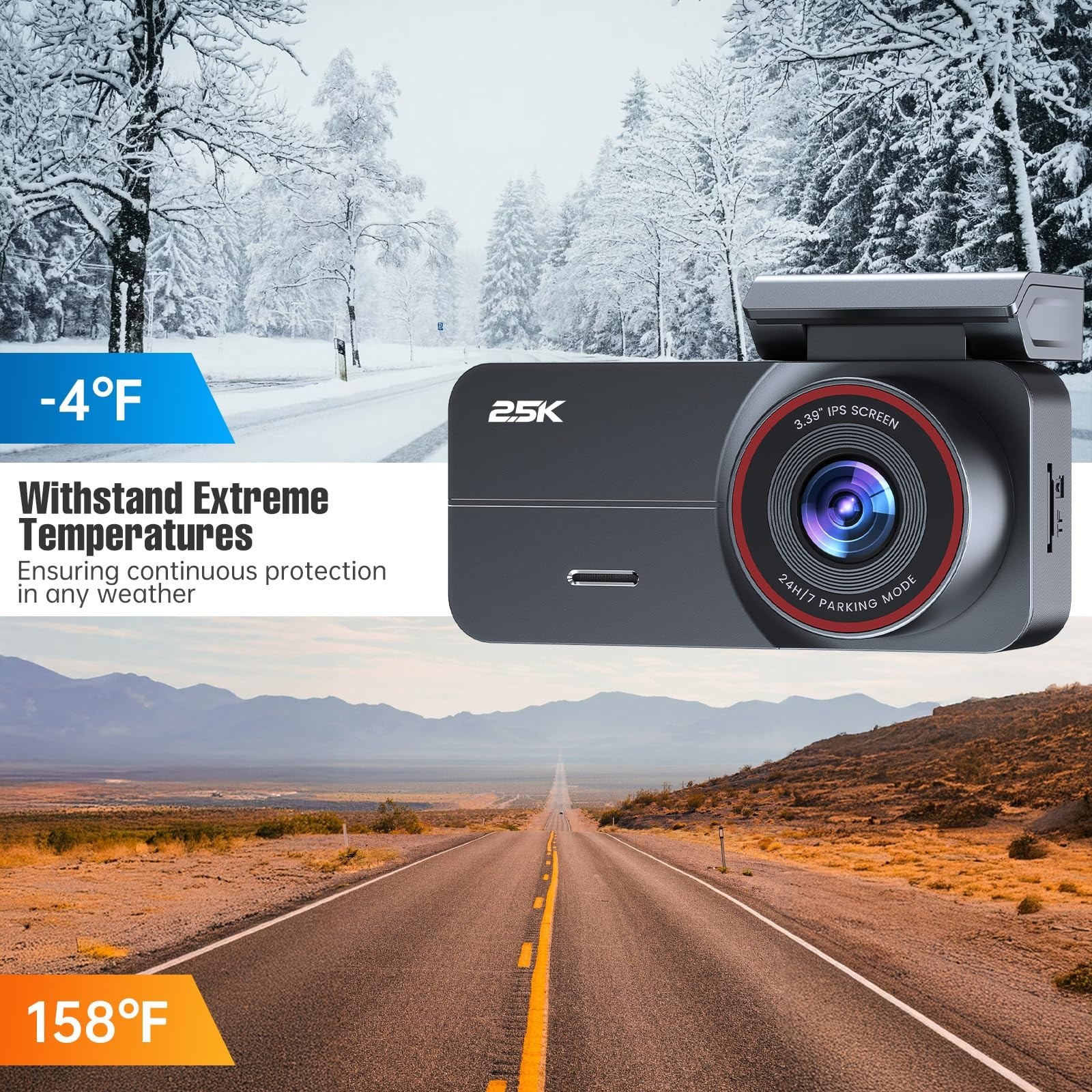2.5K Dual Dash Cam Front & Rear, 64GB, WiFi, GPS, Night Vision, WDR, G-Sensor, L