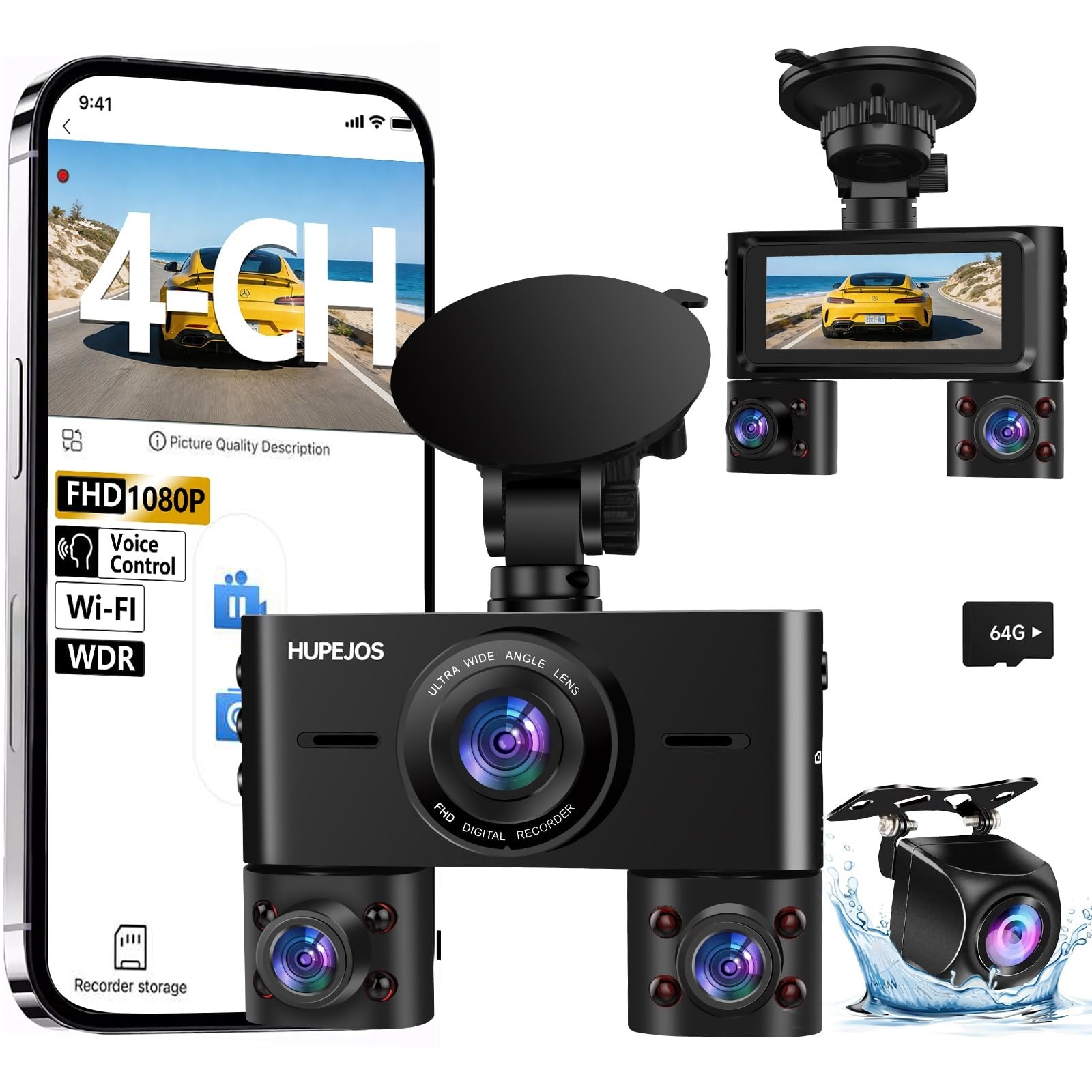 360° Dash Cam Front & Rear, 4 Channel FHD 1080P, Wi-Fi, Night Vision, Voice Cont