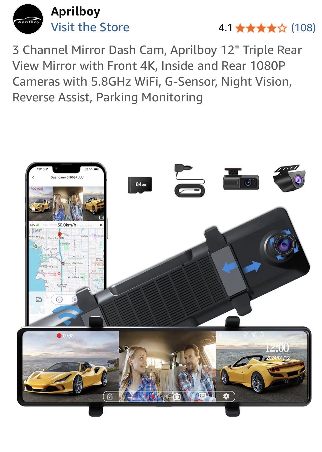 Aprilboy 3-Channel Mirror Dash Cam 12″ Triple Rear View Mirror with Front 3K