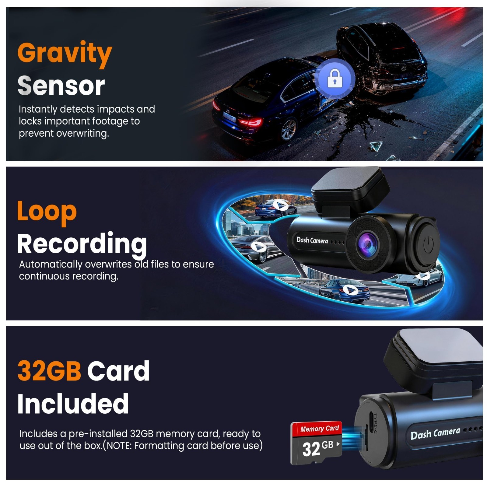 4K Dash Cam with WiFi, Night Vision, Loop Recording, G-Sensor, 32GB Card Include