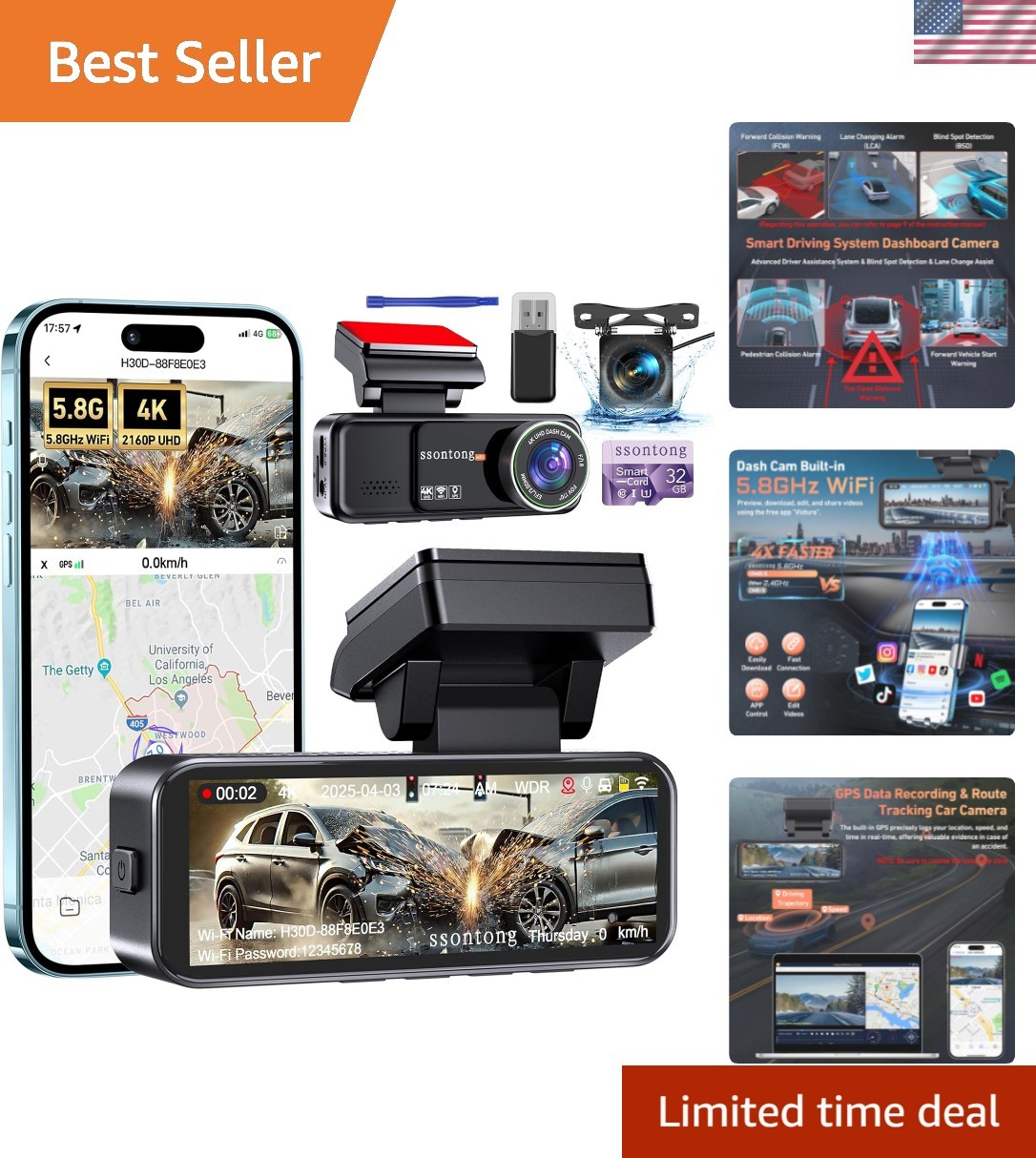 ADAS Enabled 4K Dash Cam Front and Rear – Built-in GPS & 32GB Card included