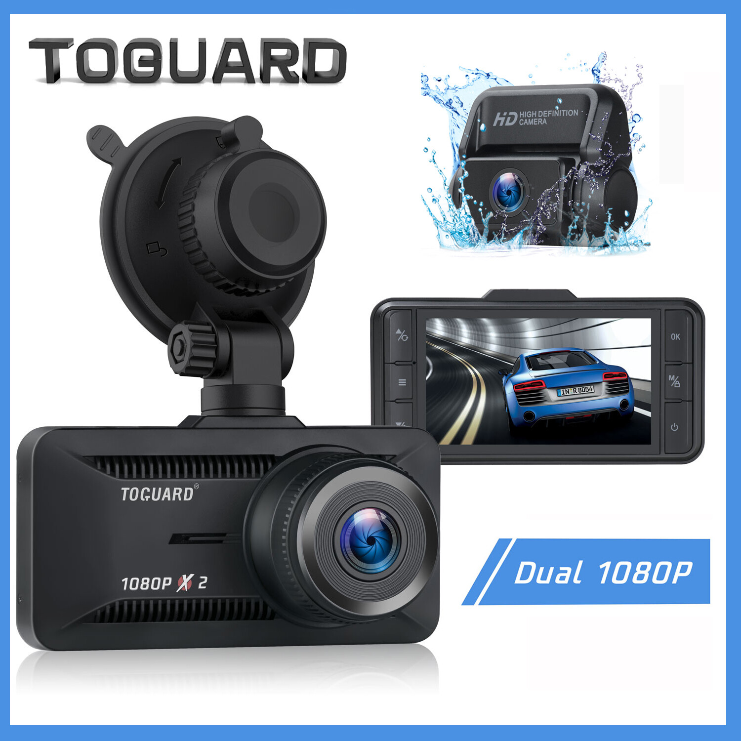TOGUARD Both 1080P Dual Lens Dash Cam Front and Rear Car Camera Video Recorder