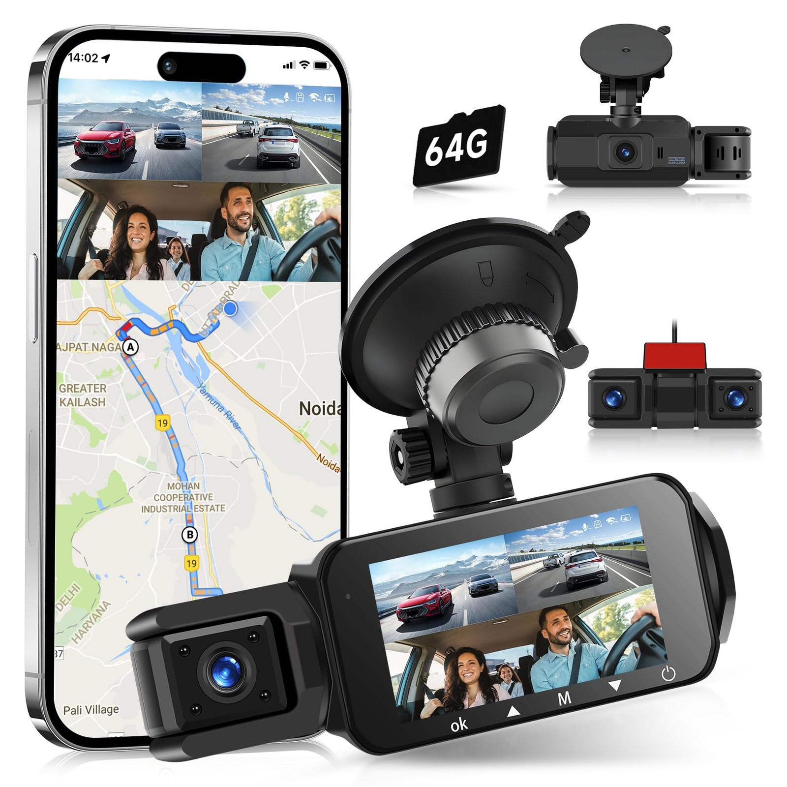 360° 2K Dash Cam Front and Rear Inside,4 Channel 3inch IPS Touchscreen 2K Das…