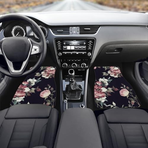 Floral Car Floor Mats Set, Seamless Floral Pattern with Roses Pink Black