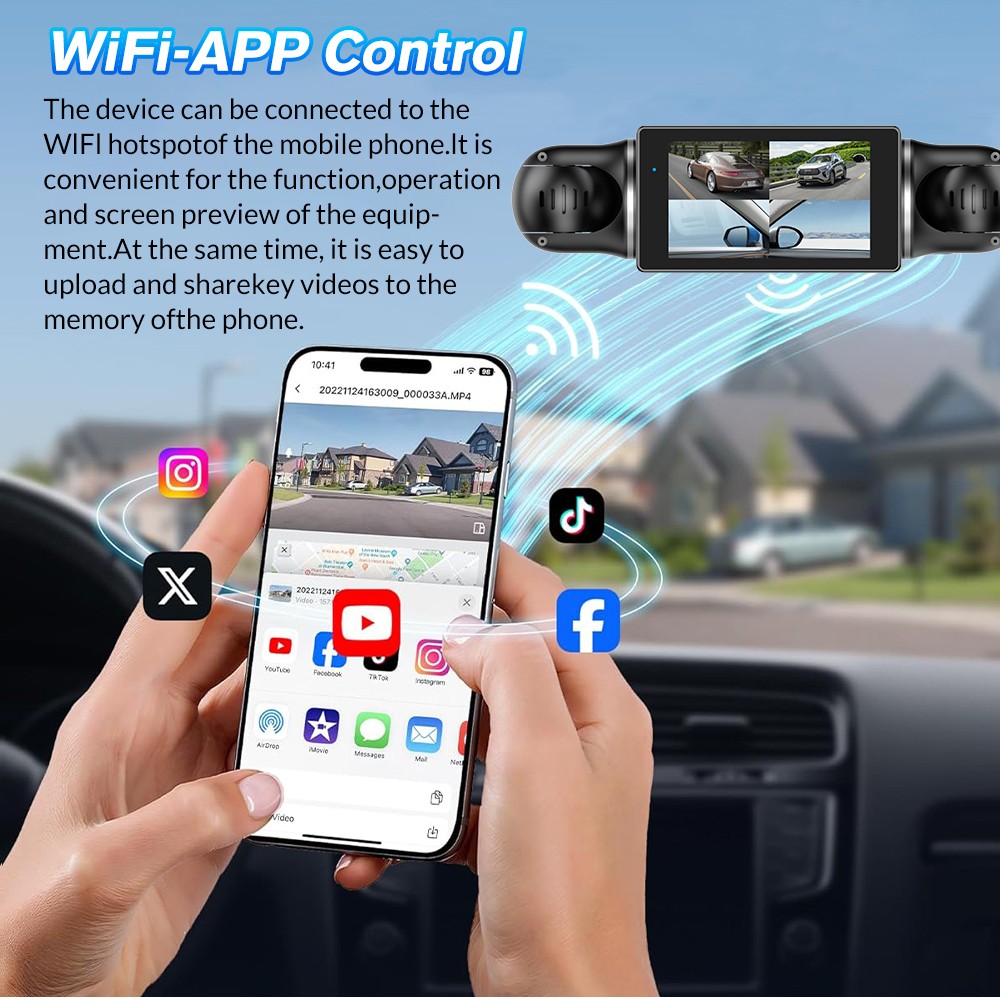 4 Channel Wifi Dash Cam 360° View, 3 inch IPS Screen 1080P Front and Rear Inside
