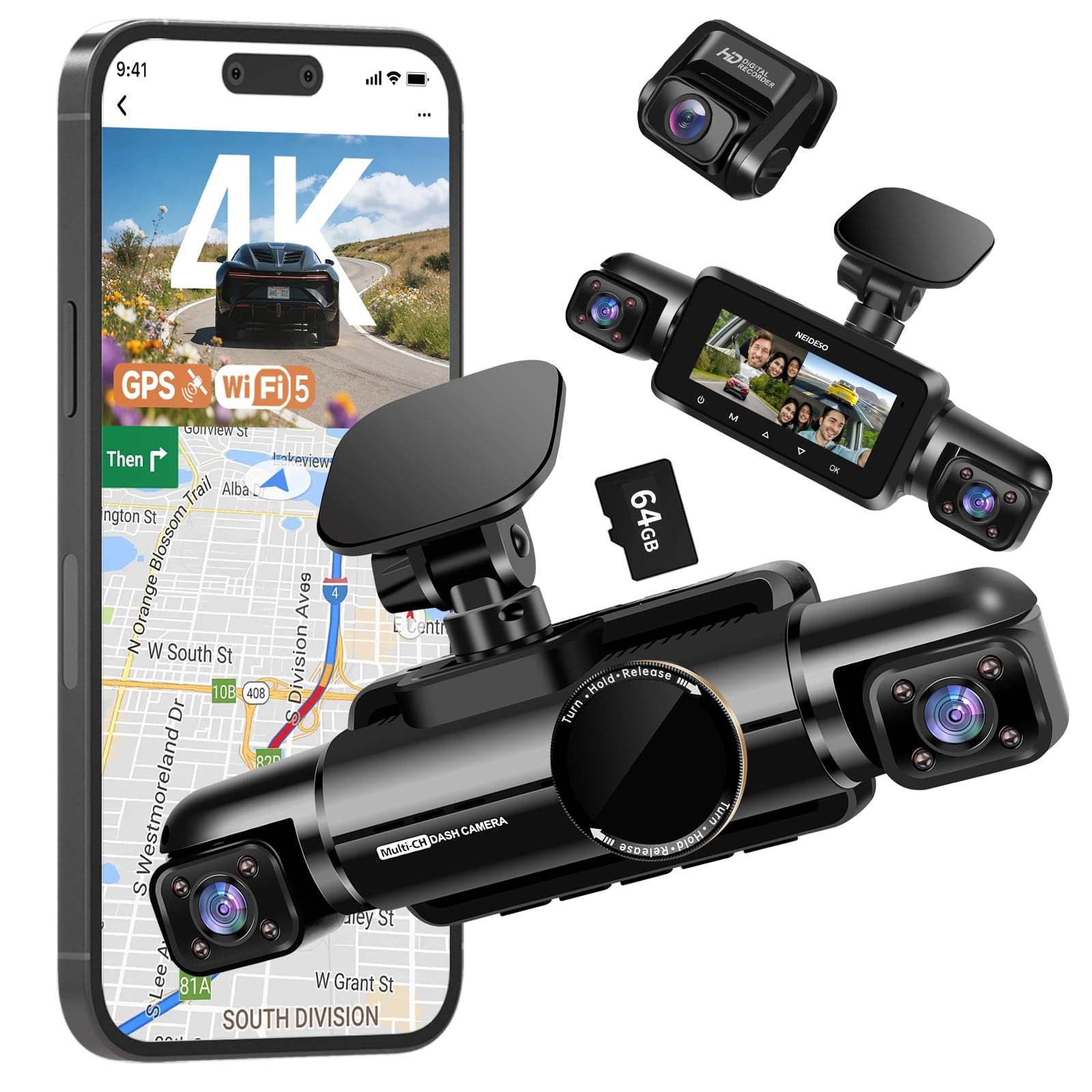 Neideso 4 Channel Dash Cam Front and Rear, 3K+3*1080P Dash Camera for Cars, F…