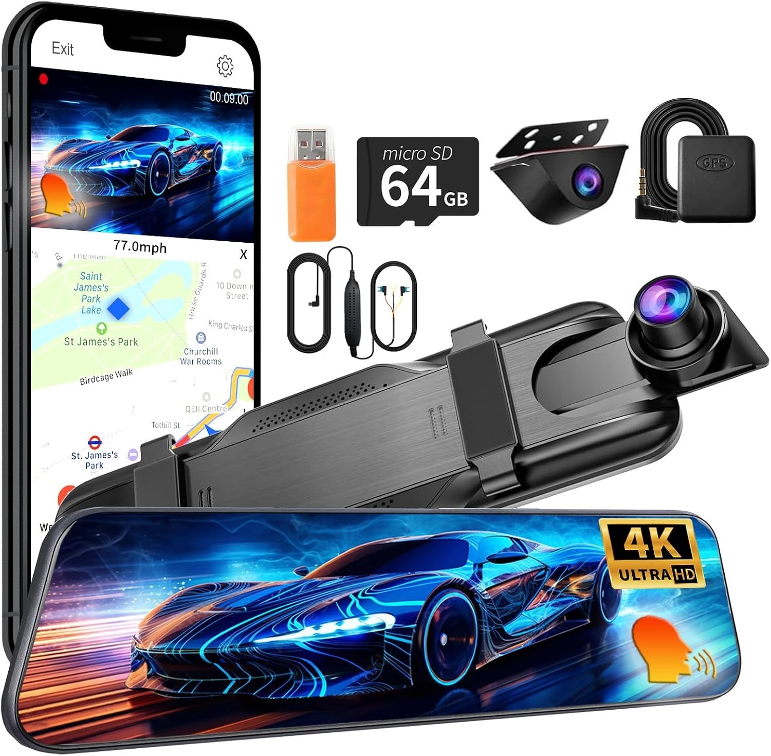 QOZ V969 4K 2.5K Mirror Dual Dash Cam WiFi GPS Voice Control 64GB Card- OB